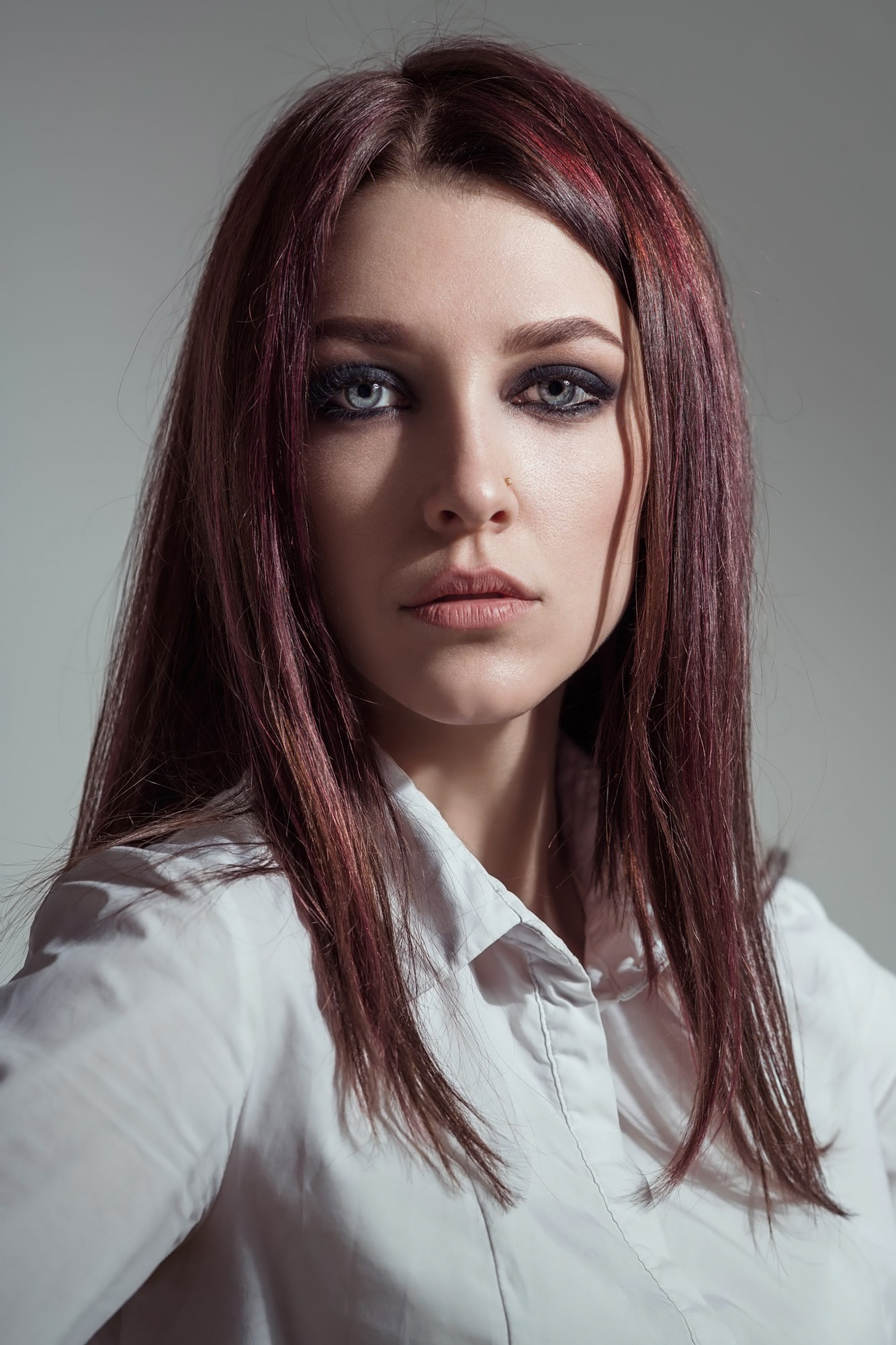 Dmitry Belyaev Women Redhead Long Hair Straight Hair Makeup Blue Eyes Looking At Viewer Moles Eyelin 1334x2000