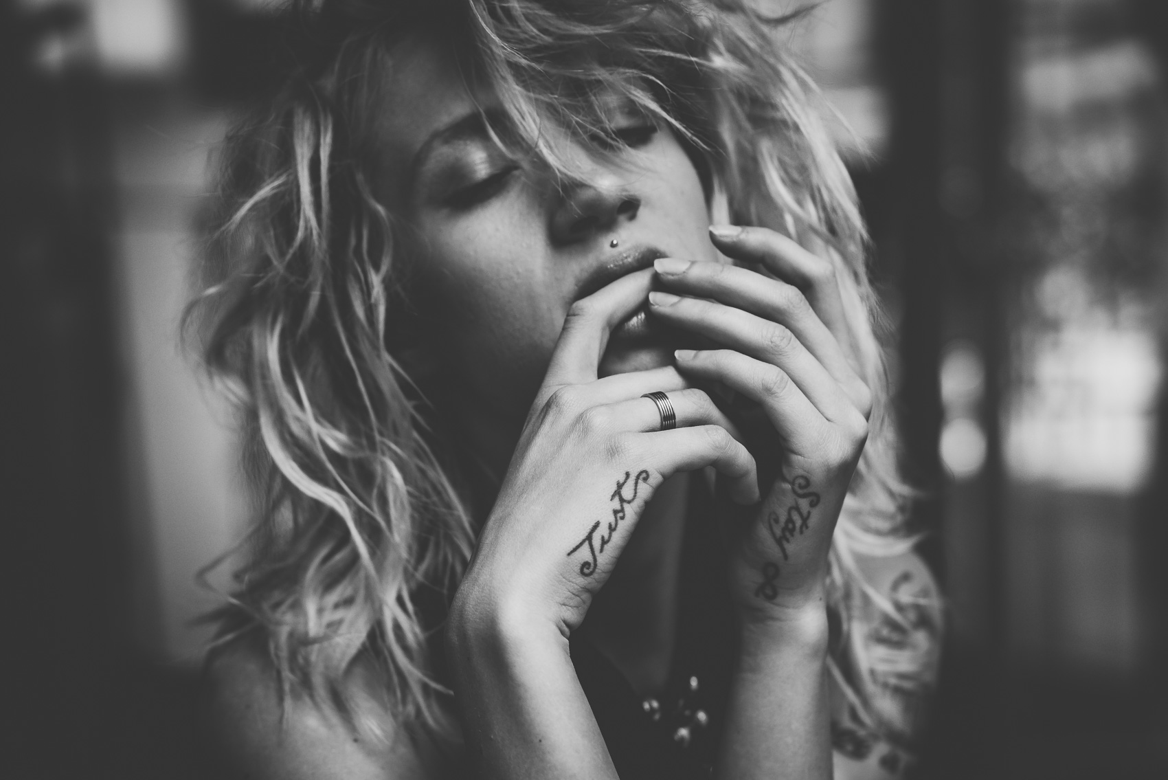 Model Monochrome Closed Eyes Biting Finger Tattoo Pierced Lip Depth Of Field 1700x1135