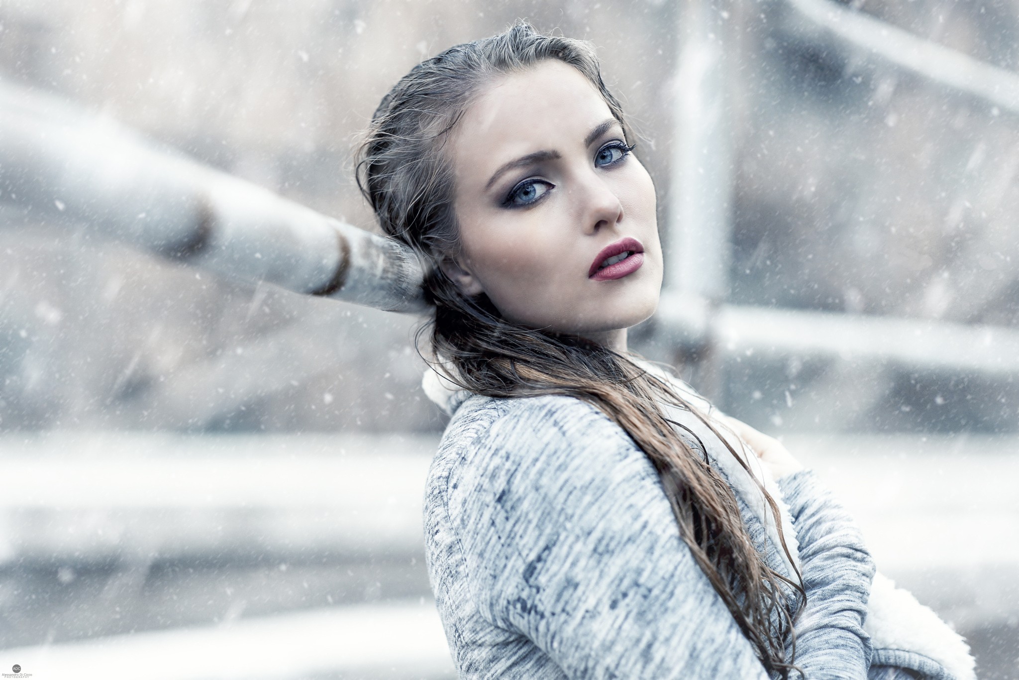 Women Face Portrait Snow Looking At Viewer Blue Eyes Alessandro Di Cicco Women Outdoors Model Depth  2048x1366