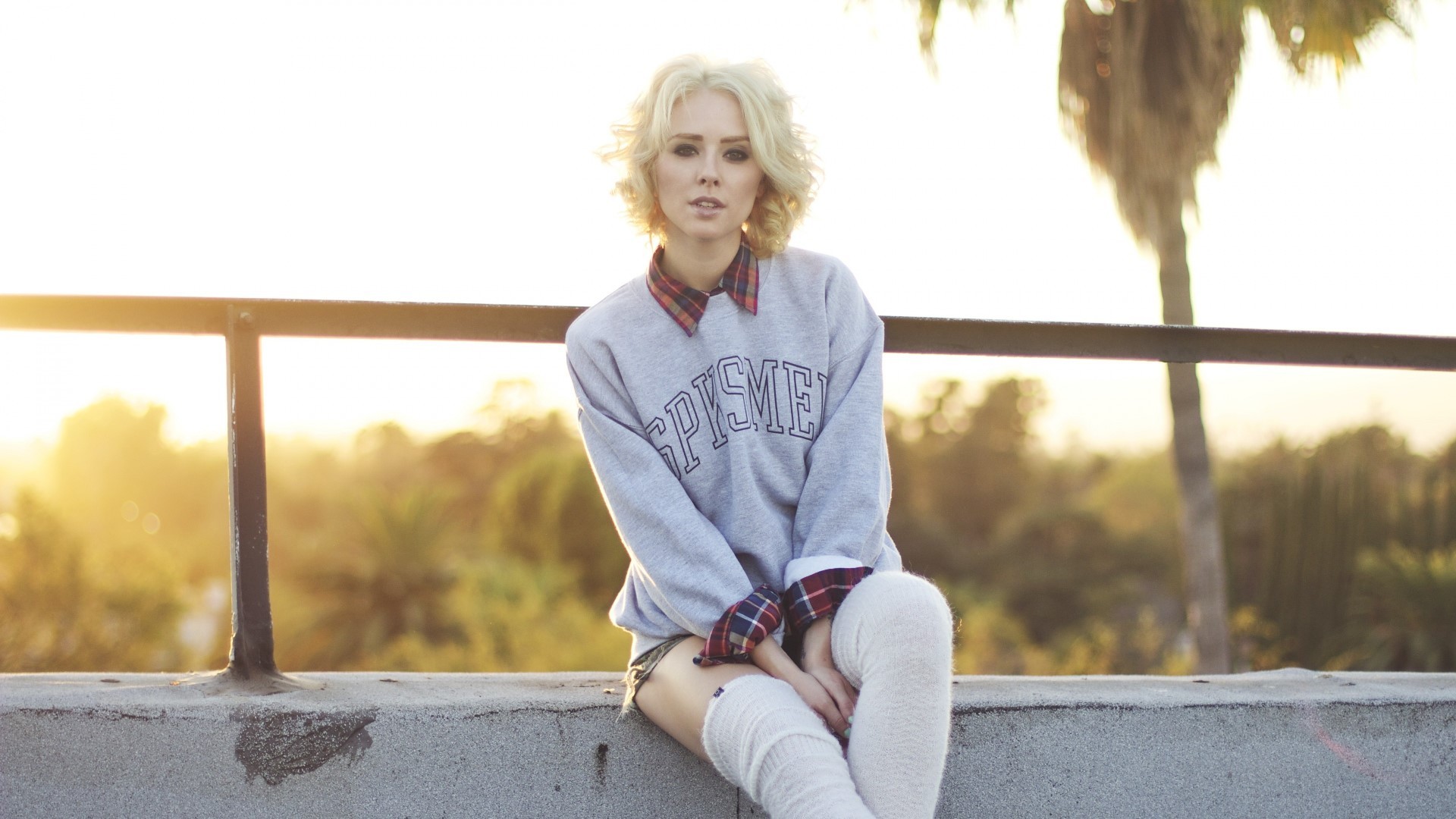 Alysha Nett Women Outdoors Sunlight Sitting Looking At Viewer Blonde Women Model 1920x1080