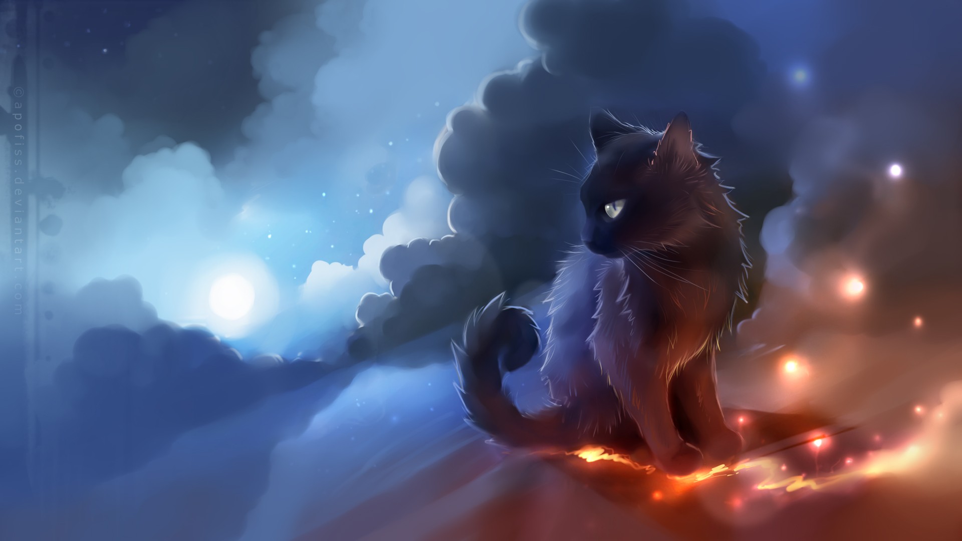 Cats Anime Glowing Clouds Apofiss Fantasy Art Cyan Orange 1920x1080