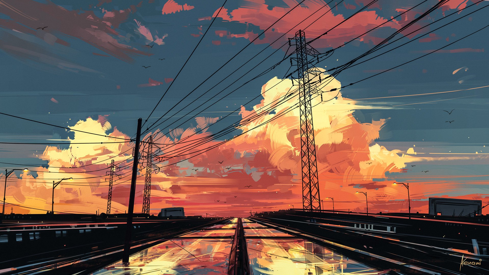 Artwork Digital Art Aenami Clouds Sky Powerlines Birds Street Light 1920x1080