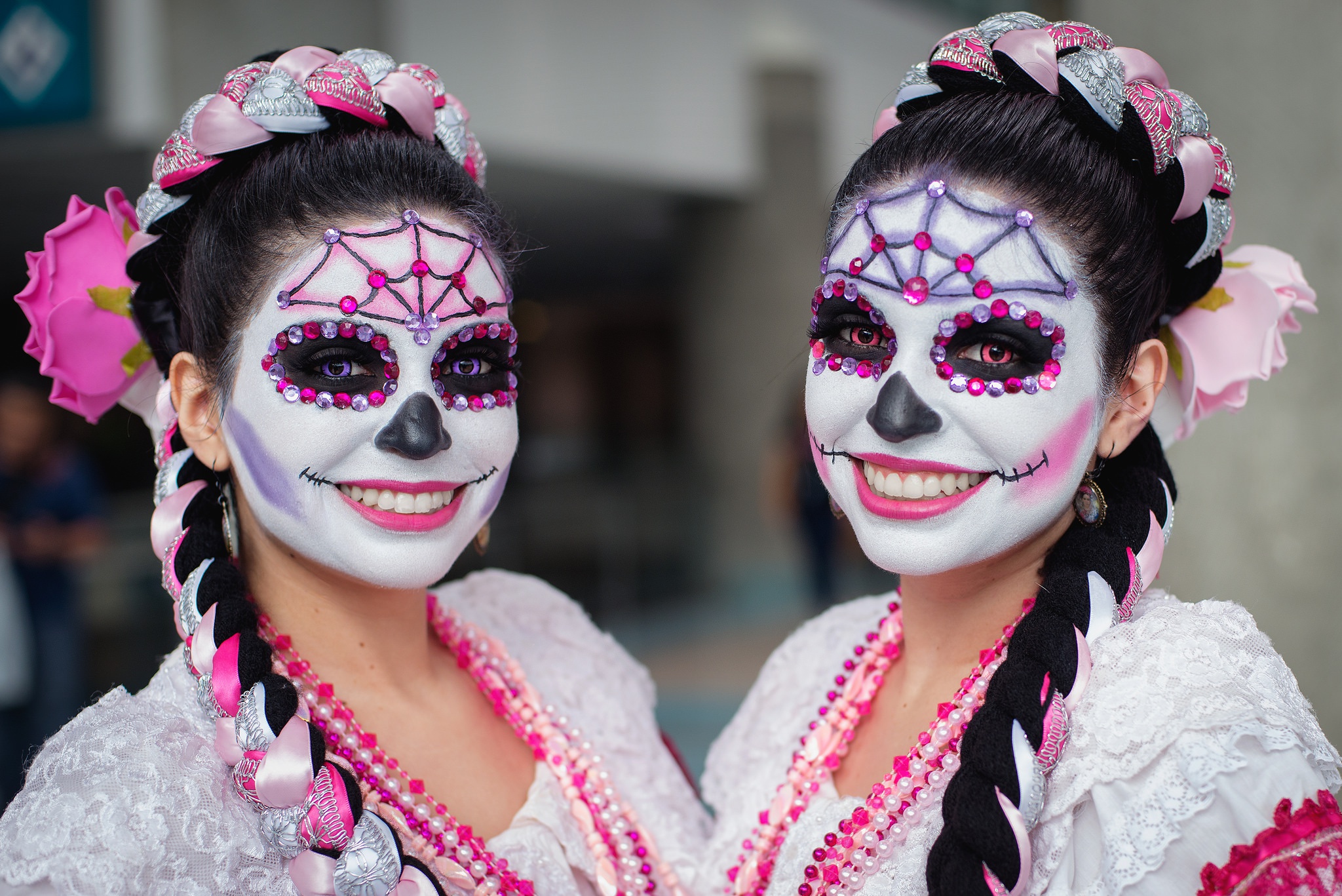 Dia De Los Muertos Makeup Women Face Skull Sugar Skull Black Hair Fake Iris 2048x1367