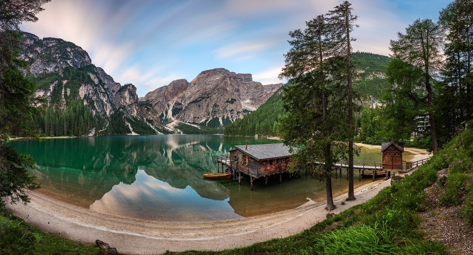 Photography Landscape Nature Panoramas Lake Reflection Boathouses Mountains Summer Forest Beach Tree 1600x865