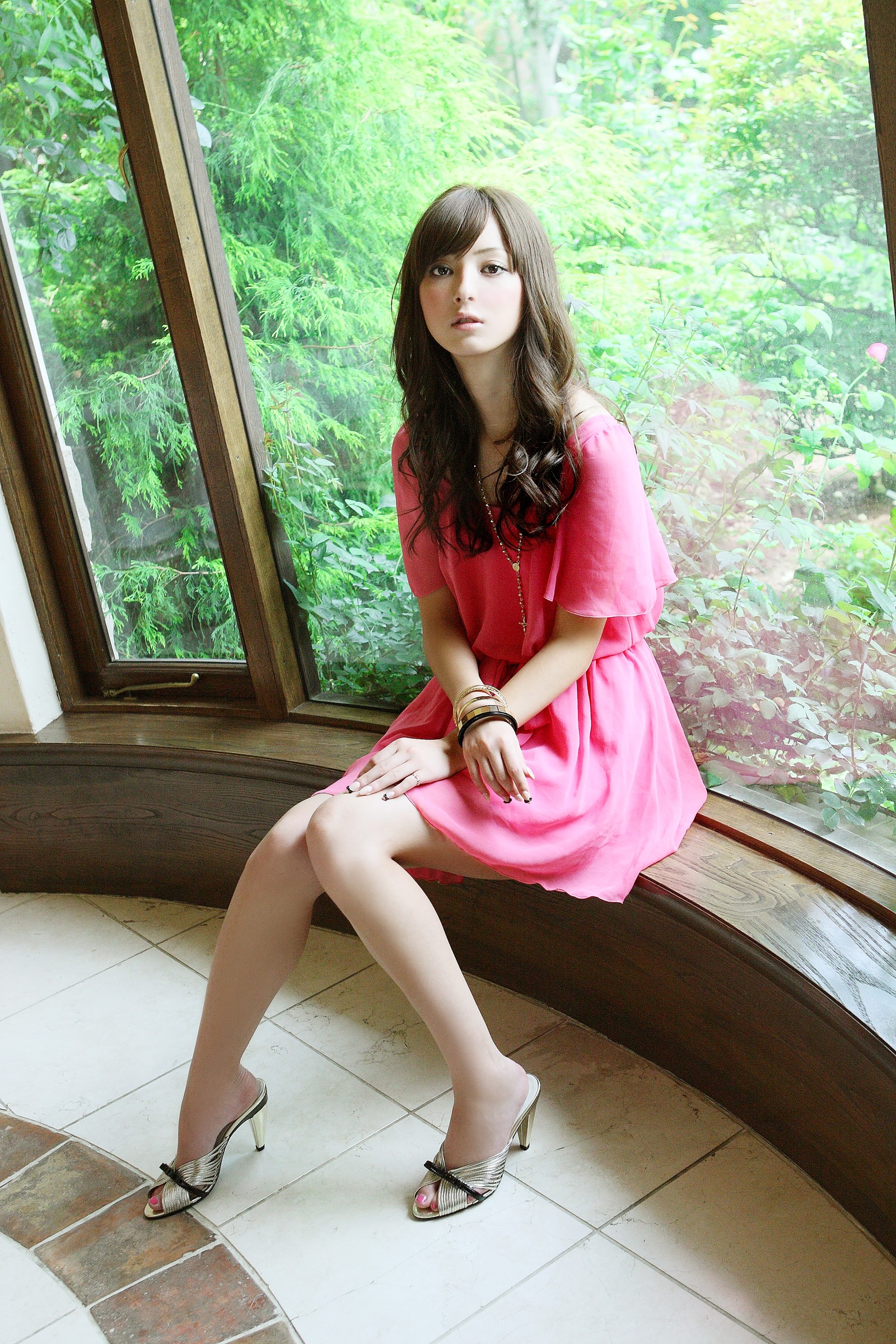Sasaki Nozomi Model Asian Japanese Women Sitting High Heels Window Brunette Dress Pink Dress 1600x2400