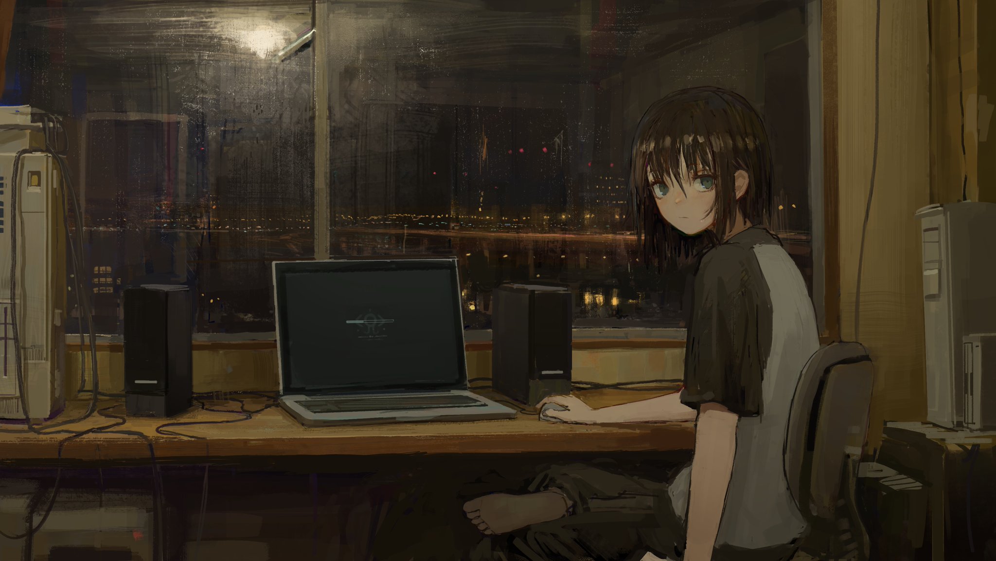 Anime Girls Laptop Looking At Viewer Evening Artwork City Room Computer Speakers Window Chair Comput 2048x1153
