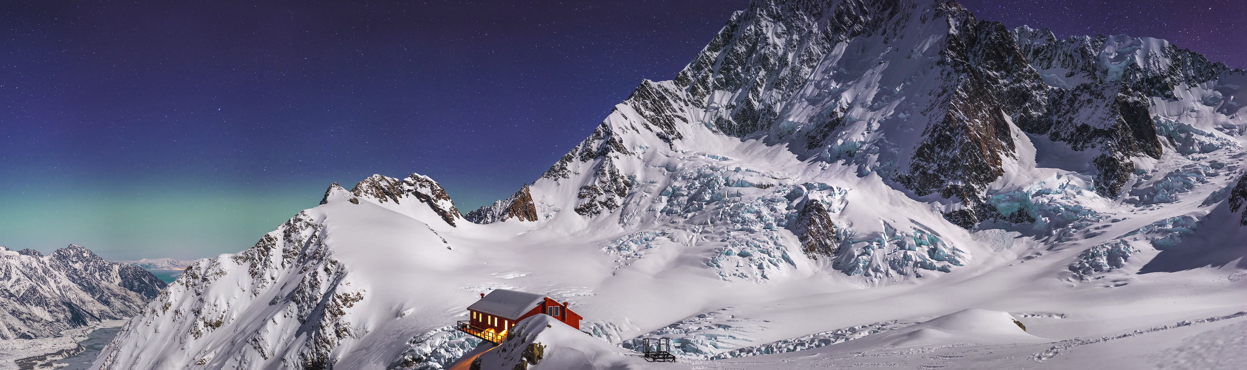 Panoramas Mountains Cabin Glaciers Nature Landscape Snow Winter 5005x1486