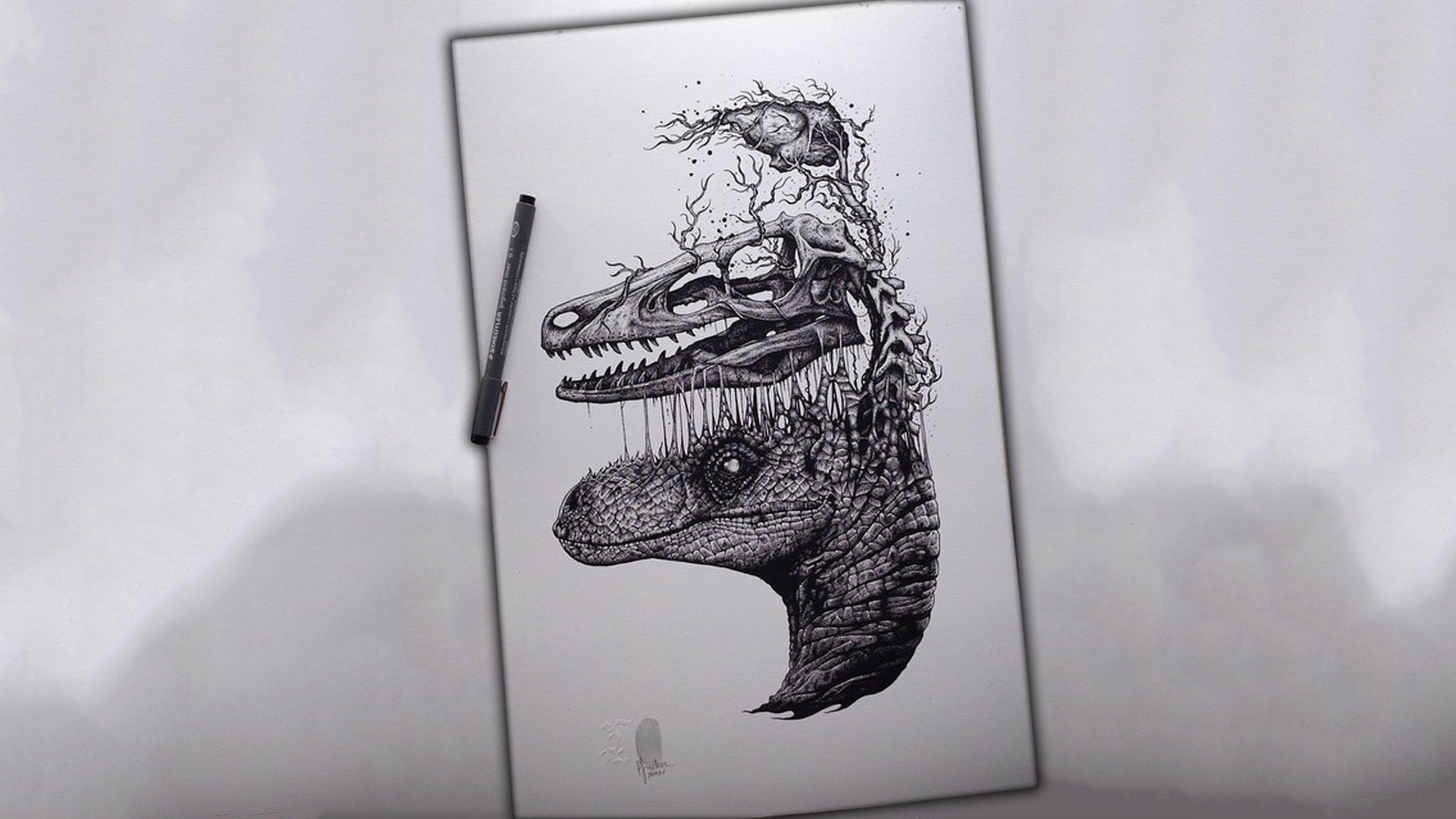 Velociraptors Abstract Monochrome Skull Brain Pens Teeth 1920x1080