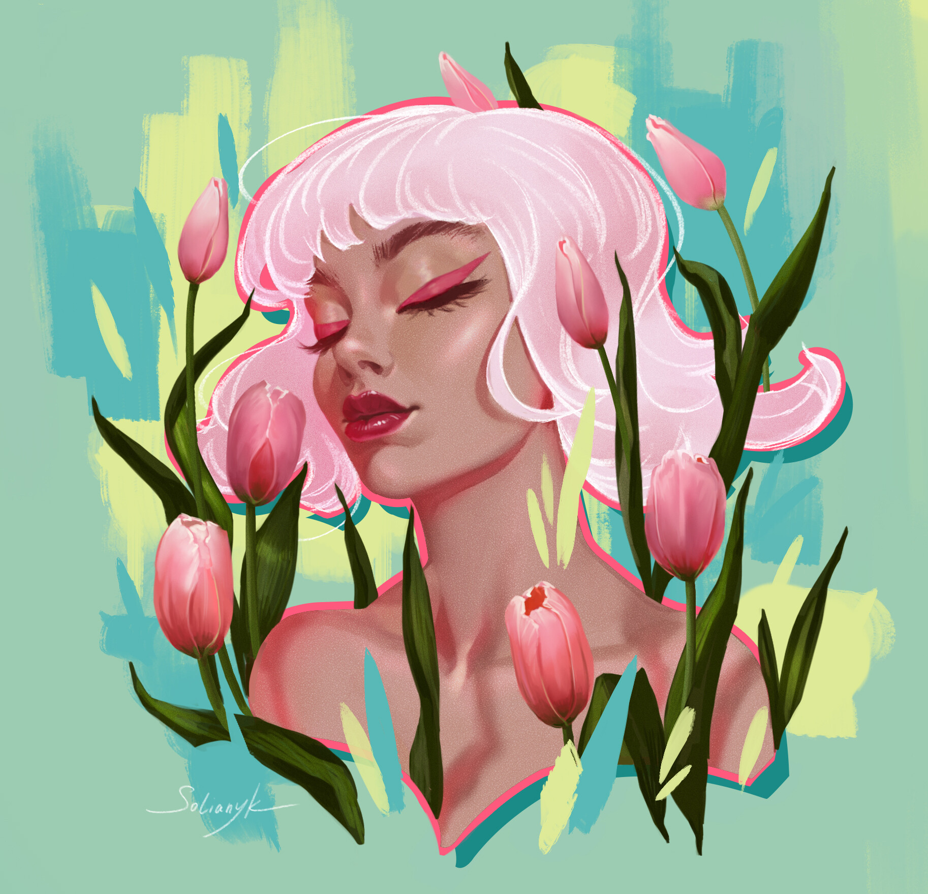Mariia Solianyk Women Digital Art Short Hair Tulips Flowers Make Up Pink Hair Closed Eyes Face 1826x1758