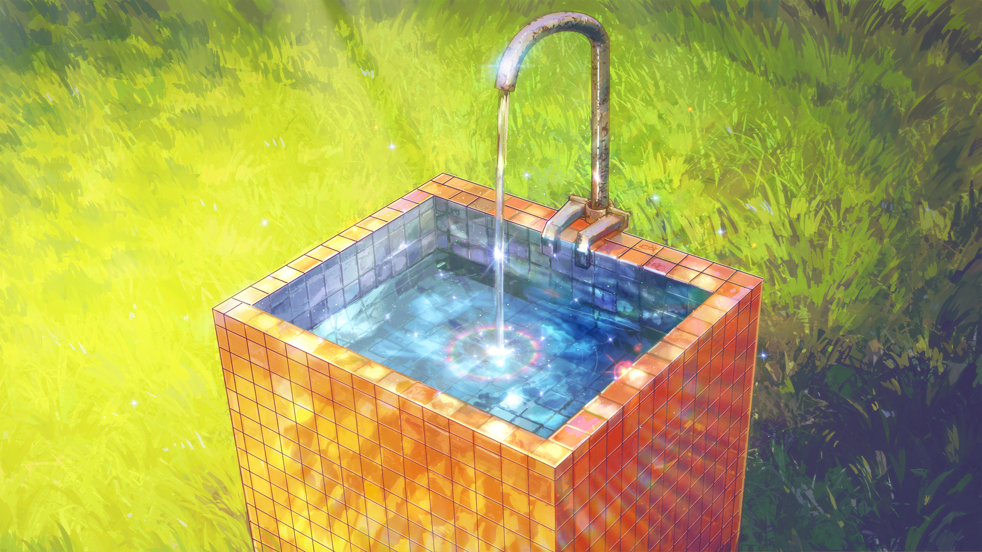 Everlasting Summer Drinking Fountains Rainbows Green Tiles Water ArseniXC 1920x1080