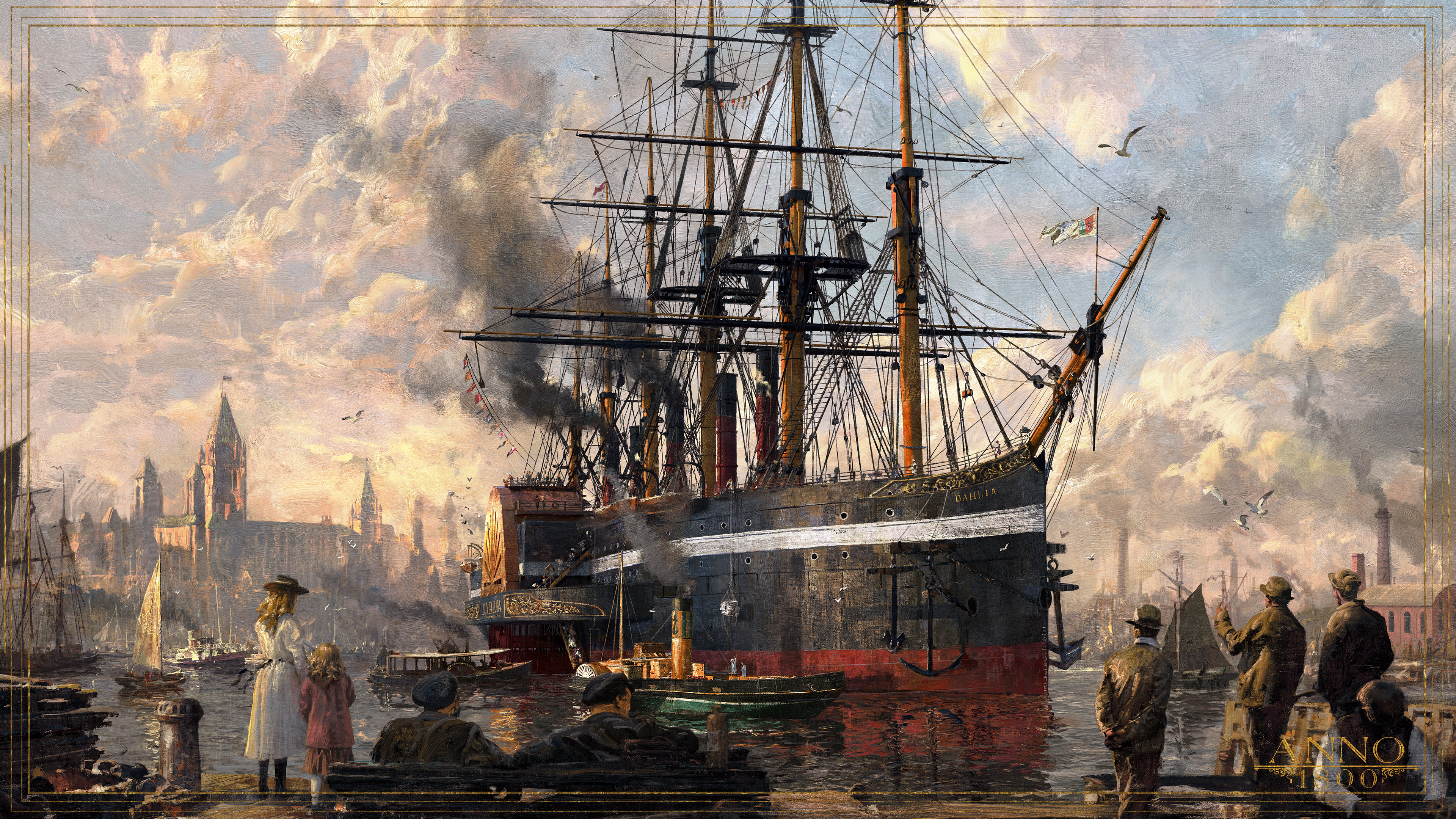 Anno 1800 1800s Digital Art Concept Art Ship Harbor Steam Ship Pier London Artwork Ubisoft 3840x2160