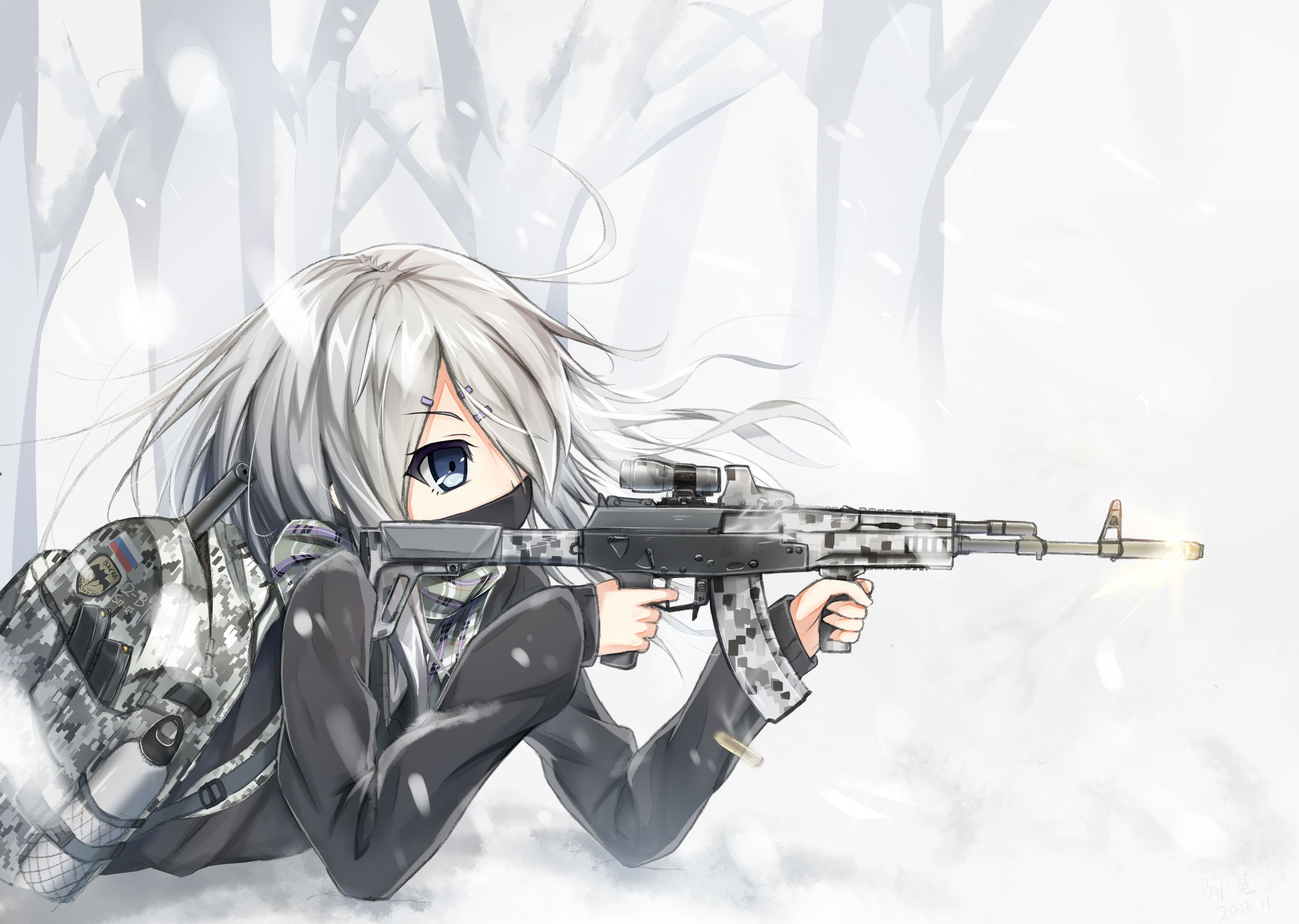 Anime Anime Girls Gun Weapon Gray Hair Snow Forest AK 12 3000x2134