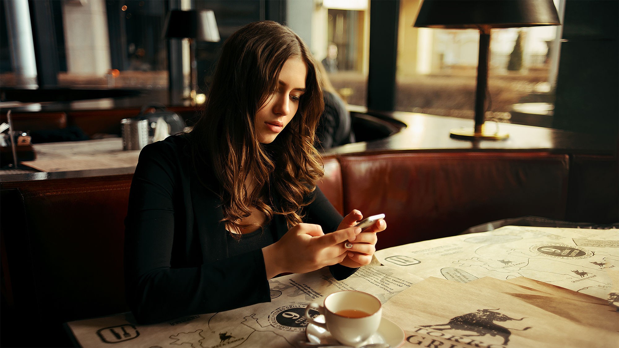 Coffee Women Restaurant Brunette Long Hair Focused Black Dress Depth Of Field Cafeteria Women Indoor 2000x1125