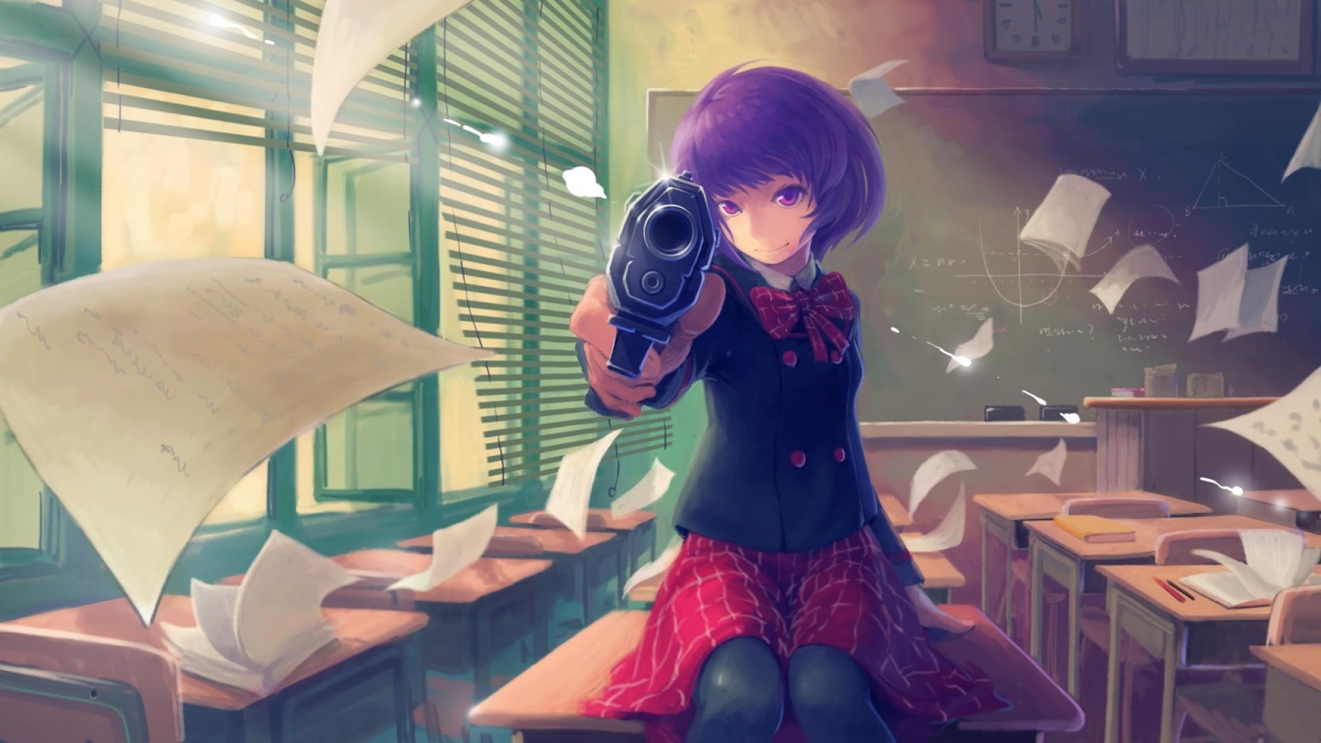 Anime Girls Schoolgirl School Uniform Weapon Pistol School Skirt Gun Short Hair Tyc001x 1920x1080