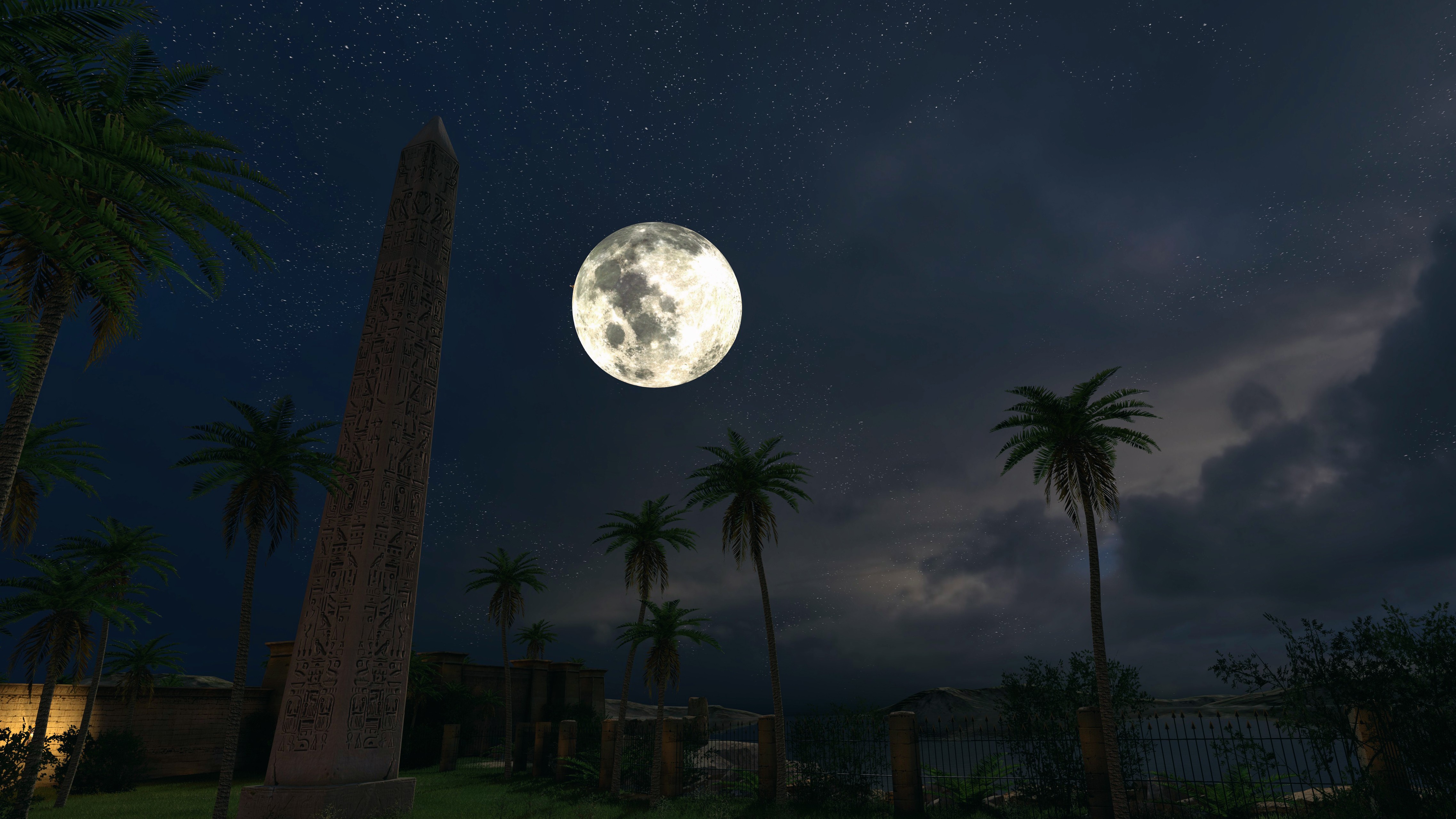 The Talos Principle Screen Shot Video Games Obelisk Palm Trees Moon Night Egypt Egyptian Sky 4549x2558