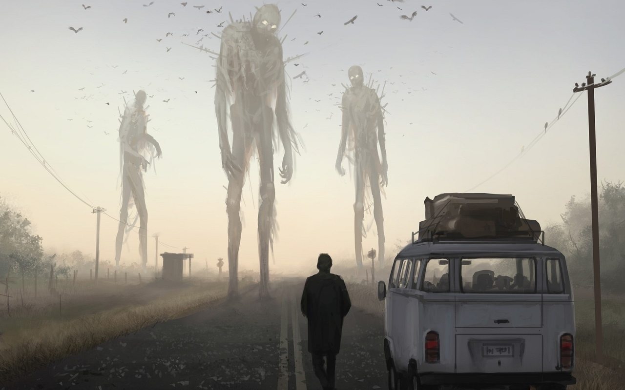 Creepy Creature Giant Car Stefan Koidl Horror Vehicle Road Artwork 1280x800