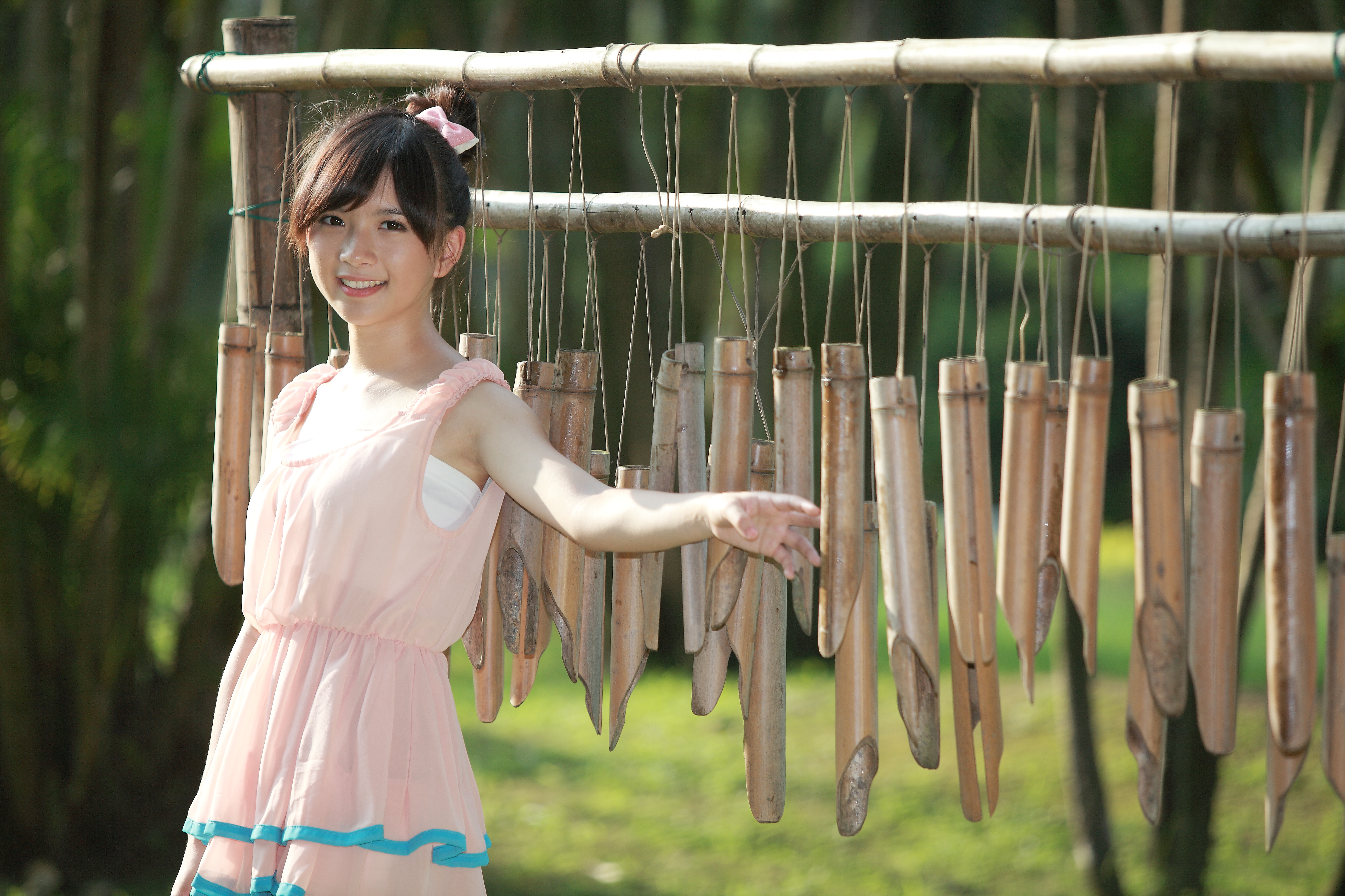 Women Xiaojing Asian Brunette Pink Dress Women Outdoors Looking At Viewer Smiling 5616x3744