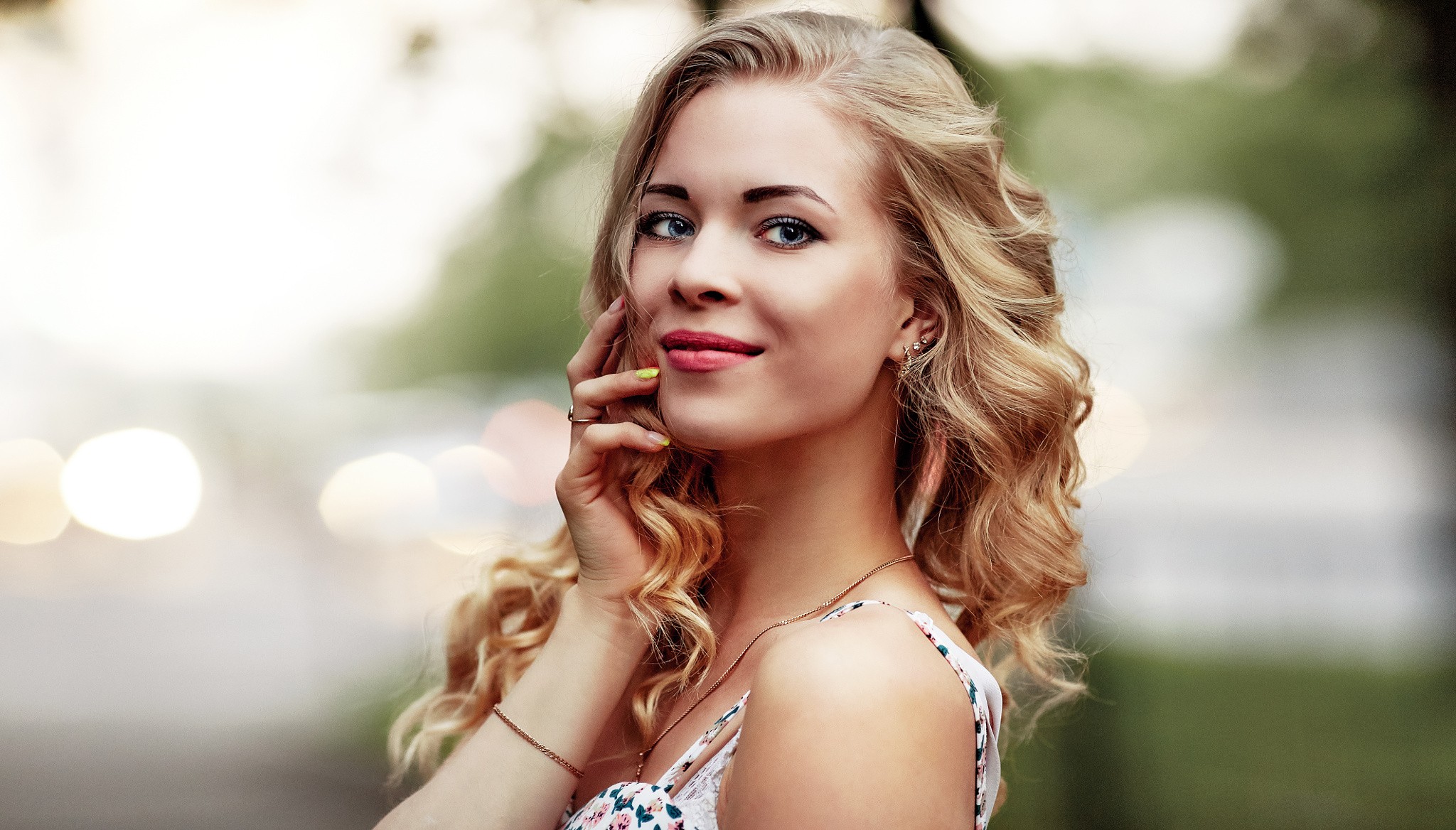 Women Blonde Face Portrait Blue Eyes Smiling Depth Of Field Dress Women Outdoors Sergey Baryshev 2048x1168