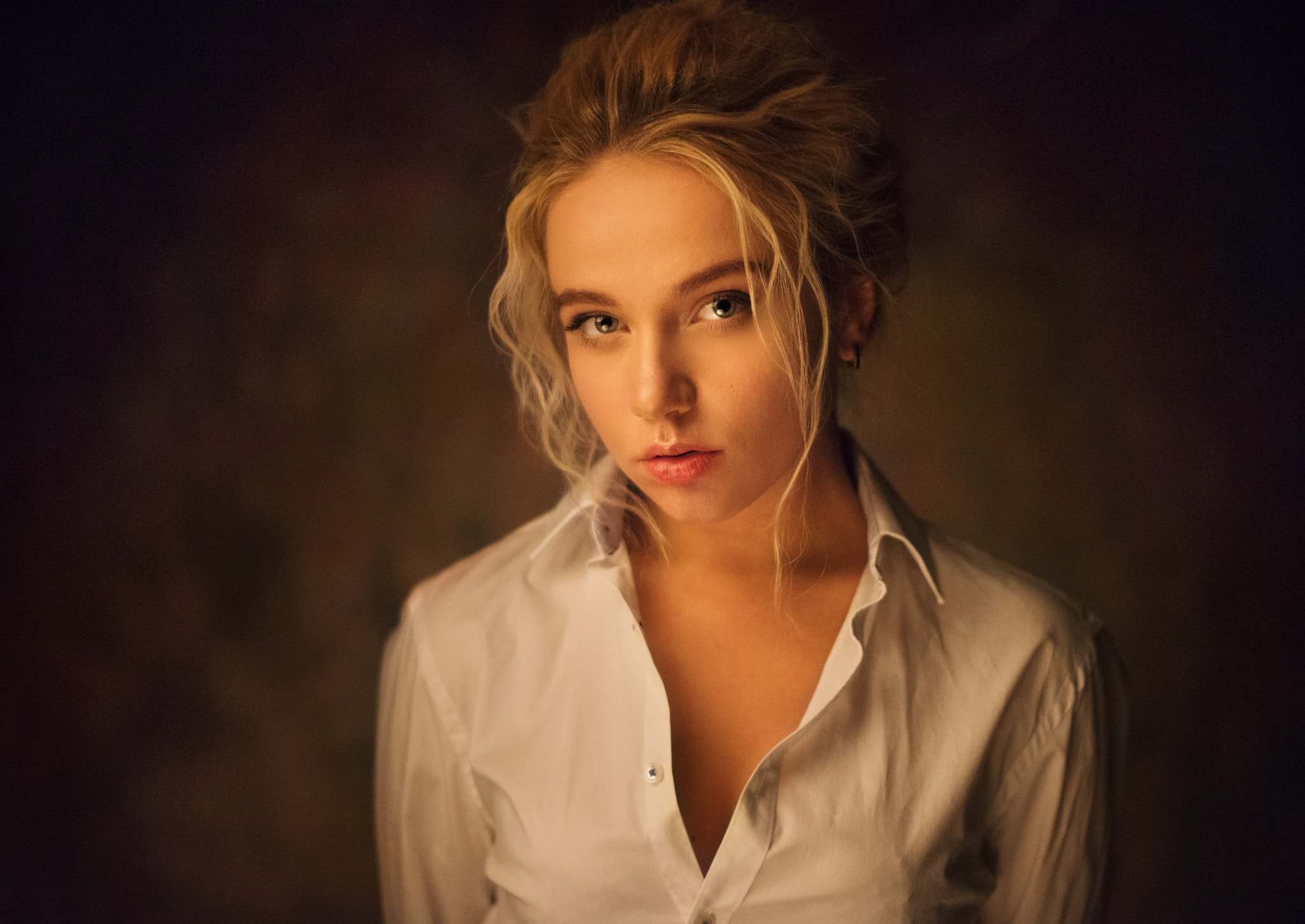 Women Maria Popova Blonde Maxim Maximov Portrait Face White Shirt 2048x1450