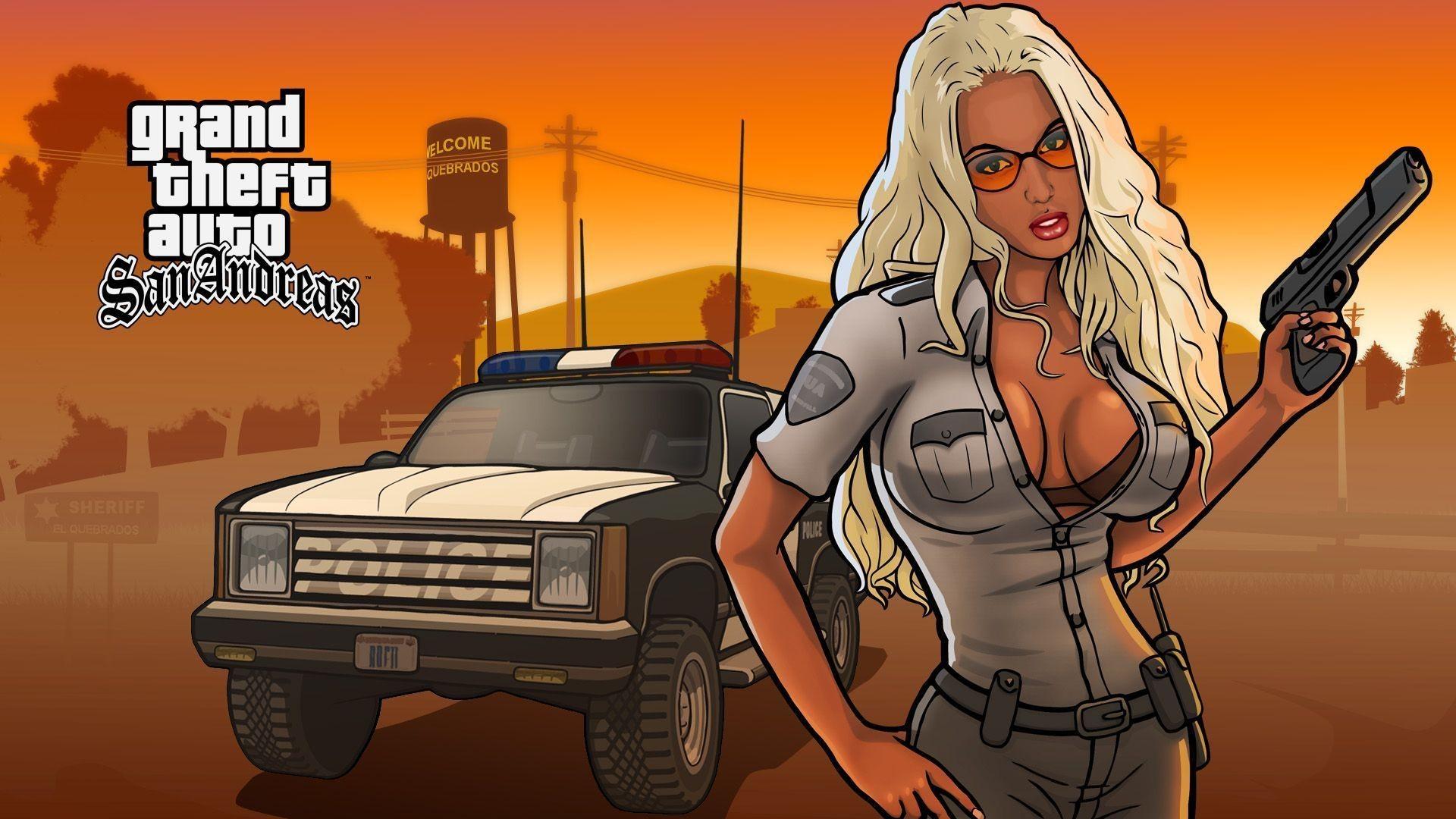 Grand Theft Auto San Andreas Woman Blonde Sunglasses Weapon Gun Handgun Pistol Long Hair Belt Police 1920x1080