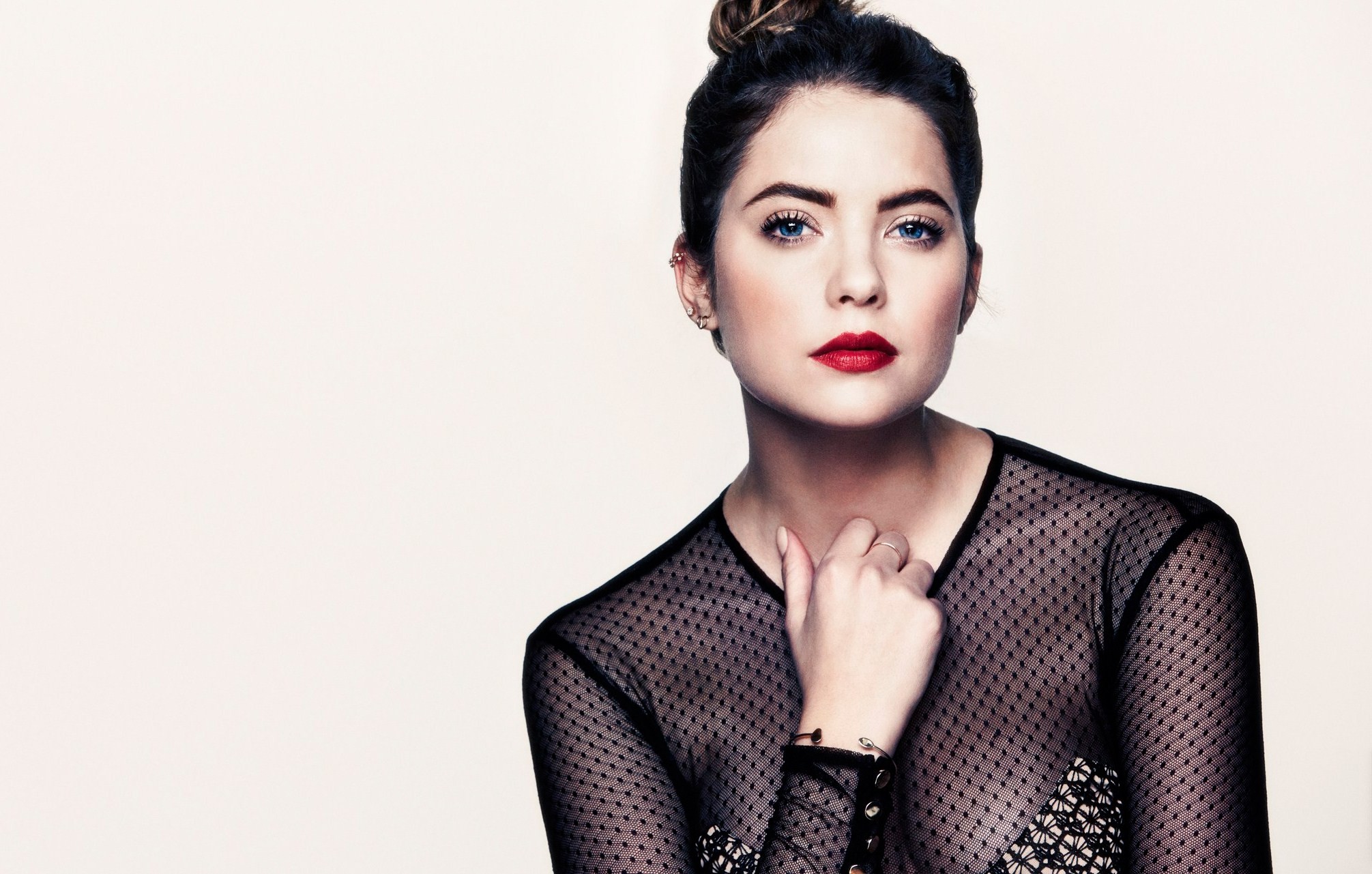 Ashley Benson Women Blonde Face Blue Eyes Red Lipstick Hairbun Black Clothes White Background Makeup 2011x1281