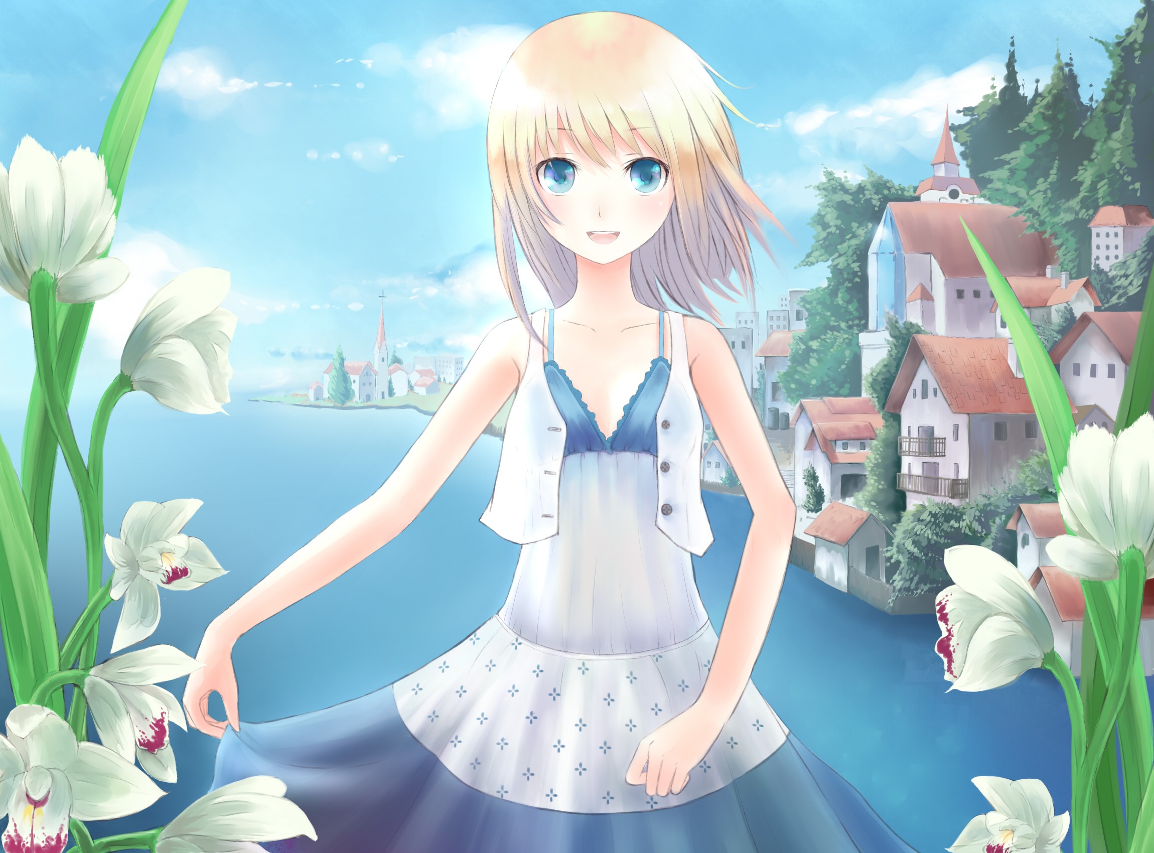 Anime Anime Girls Blonde Flowers Blue Eyes Wallpaper Resolution 2300x1700 Id Wallha Com