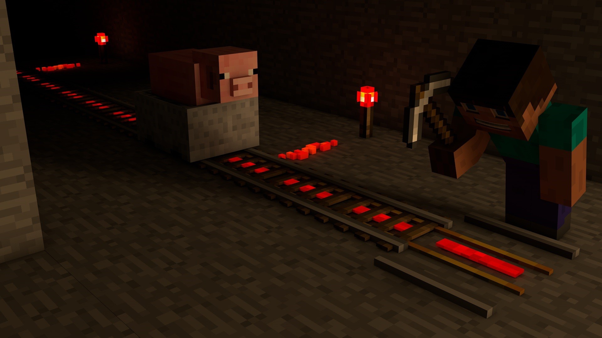 Minecraft Steve Railway Mine Mining Axes Video Games 1920x1080