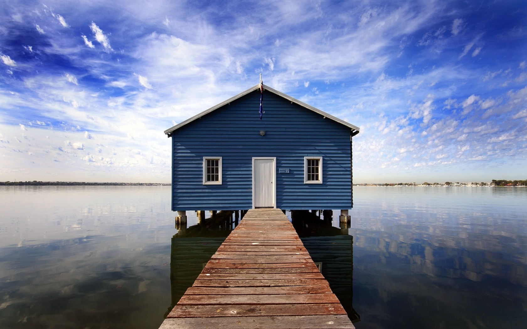 Pier Lake Boat Houses Wood House Reflection 1680x1050