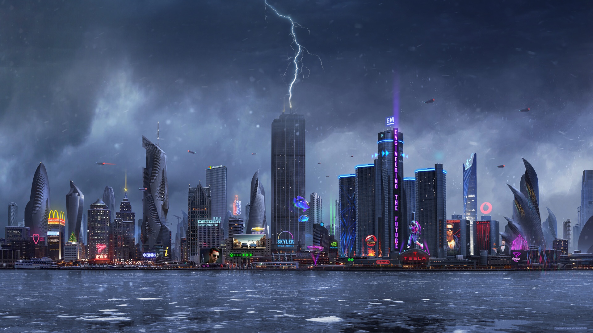 Futuristic Futuristic City Digital Art Cityscape Cyberpunk Terminator Water Lightning McDonalds 1920x1080