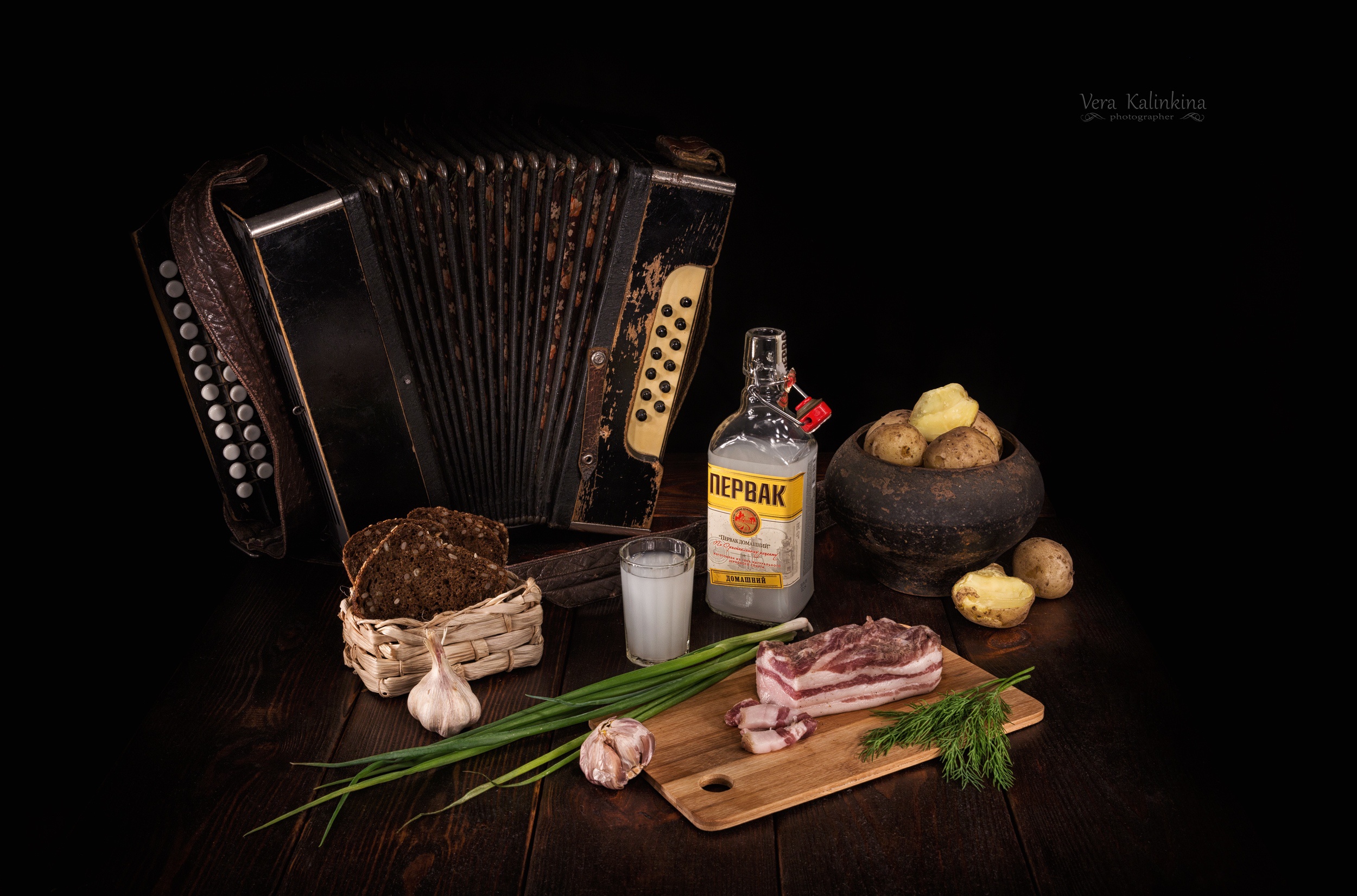 Musical Instrument Food Meat Vodka Still Life Potatoes Garlic 2500x1650