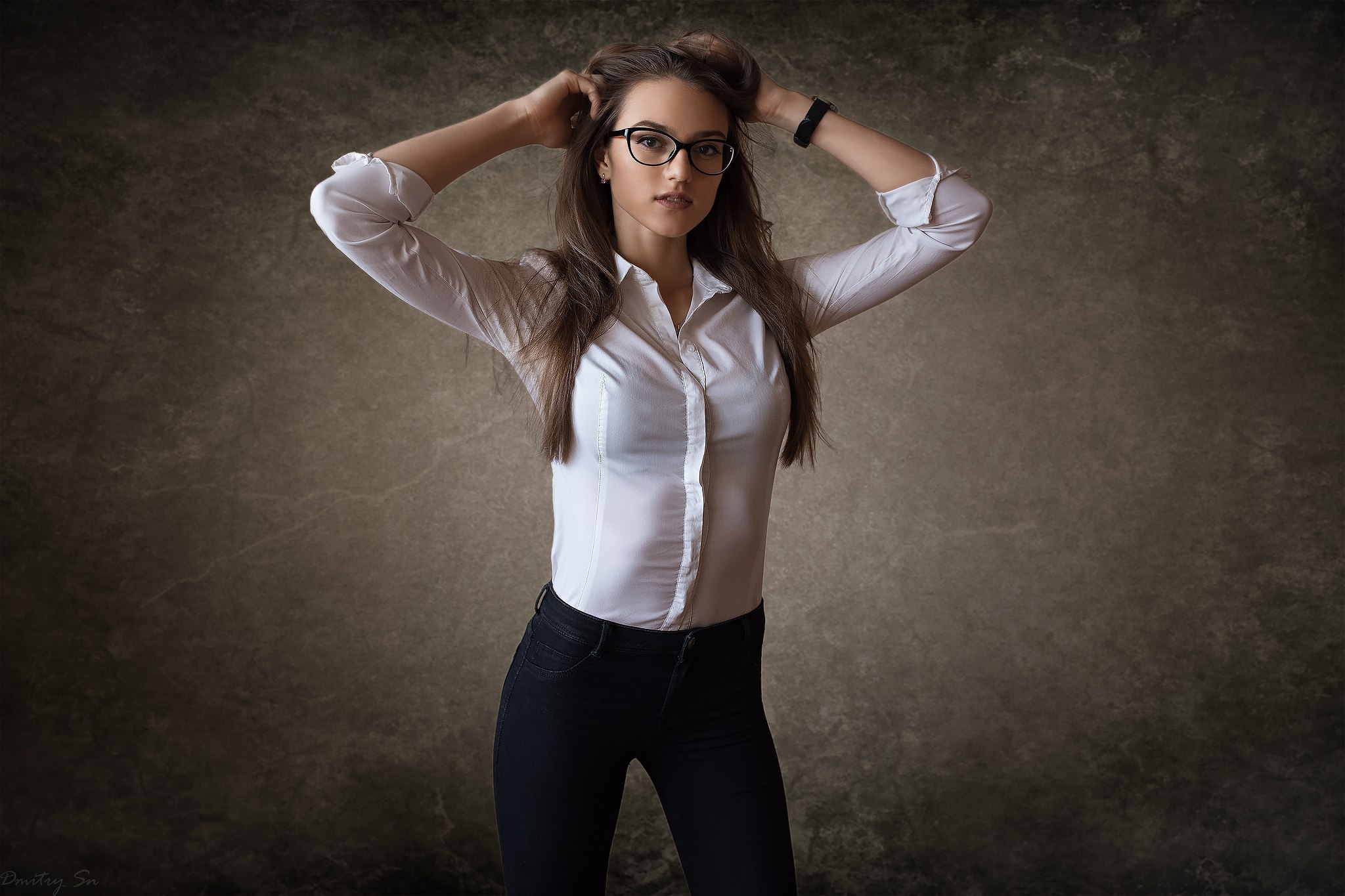 Women With Glasses Long Hair Women Arms Up White Shirt Brown Eyes Brunette Looking At Viewer Jeans S 2048x1365