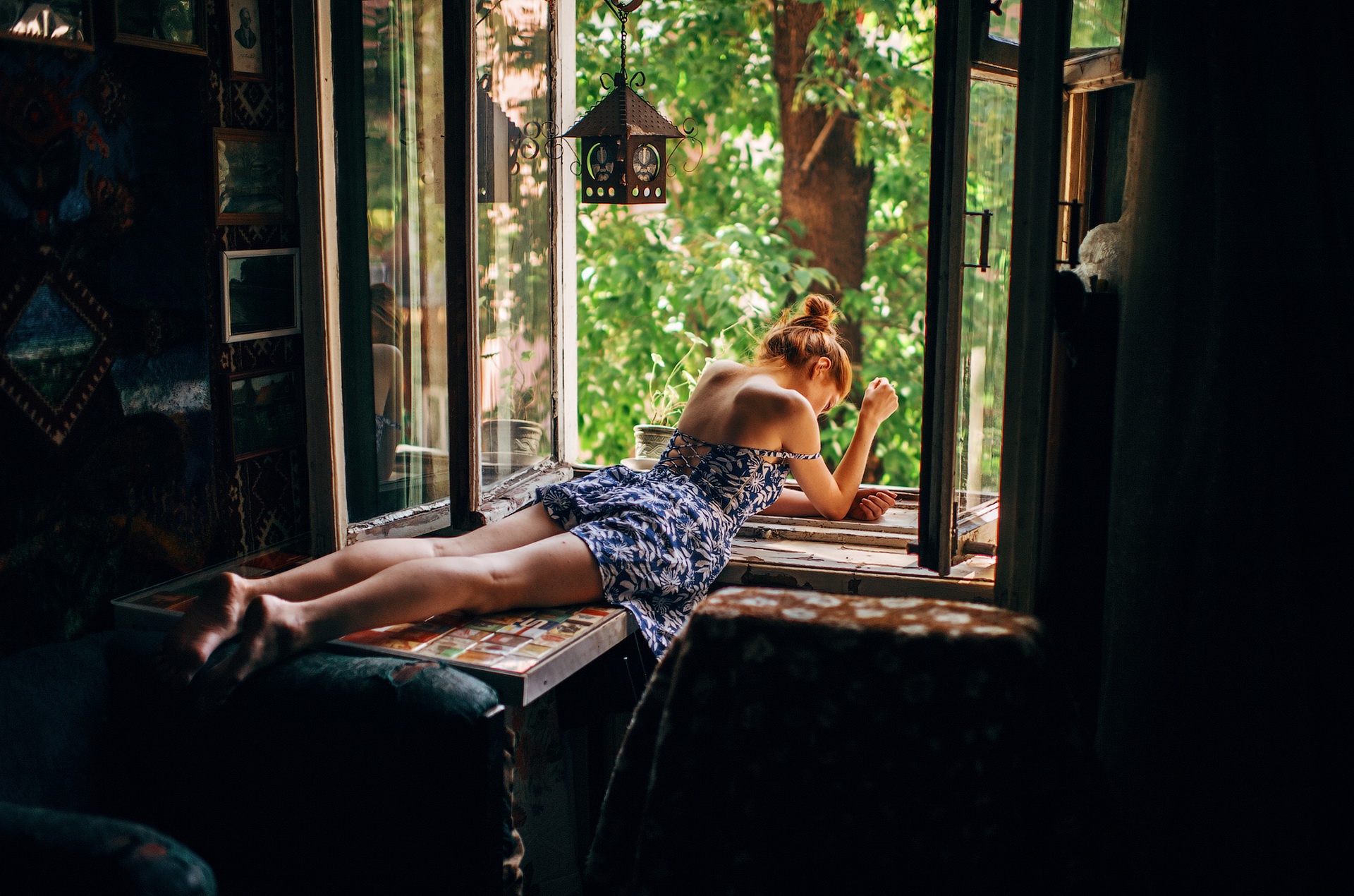 Dark Window Legs Barefoot Women Flower Dress Bare Shoulders Women Indoors Marat Safin 1920x1270