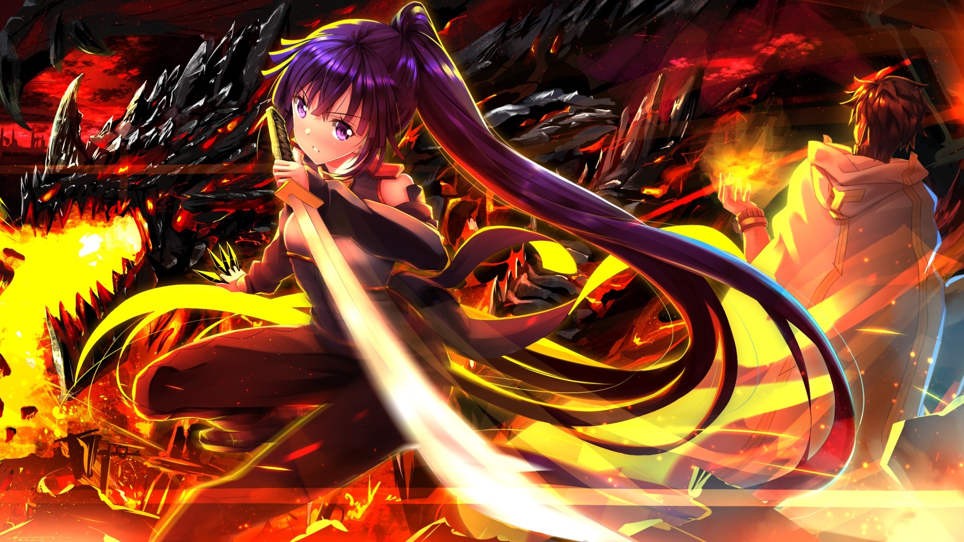 Akatsuki Log Horizon Shiroe Log Horizon Dragon Anime Girl Long Hair Sword Purple Hair Purple Eyes 1920x1080