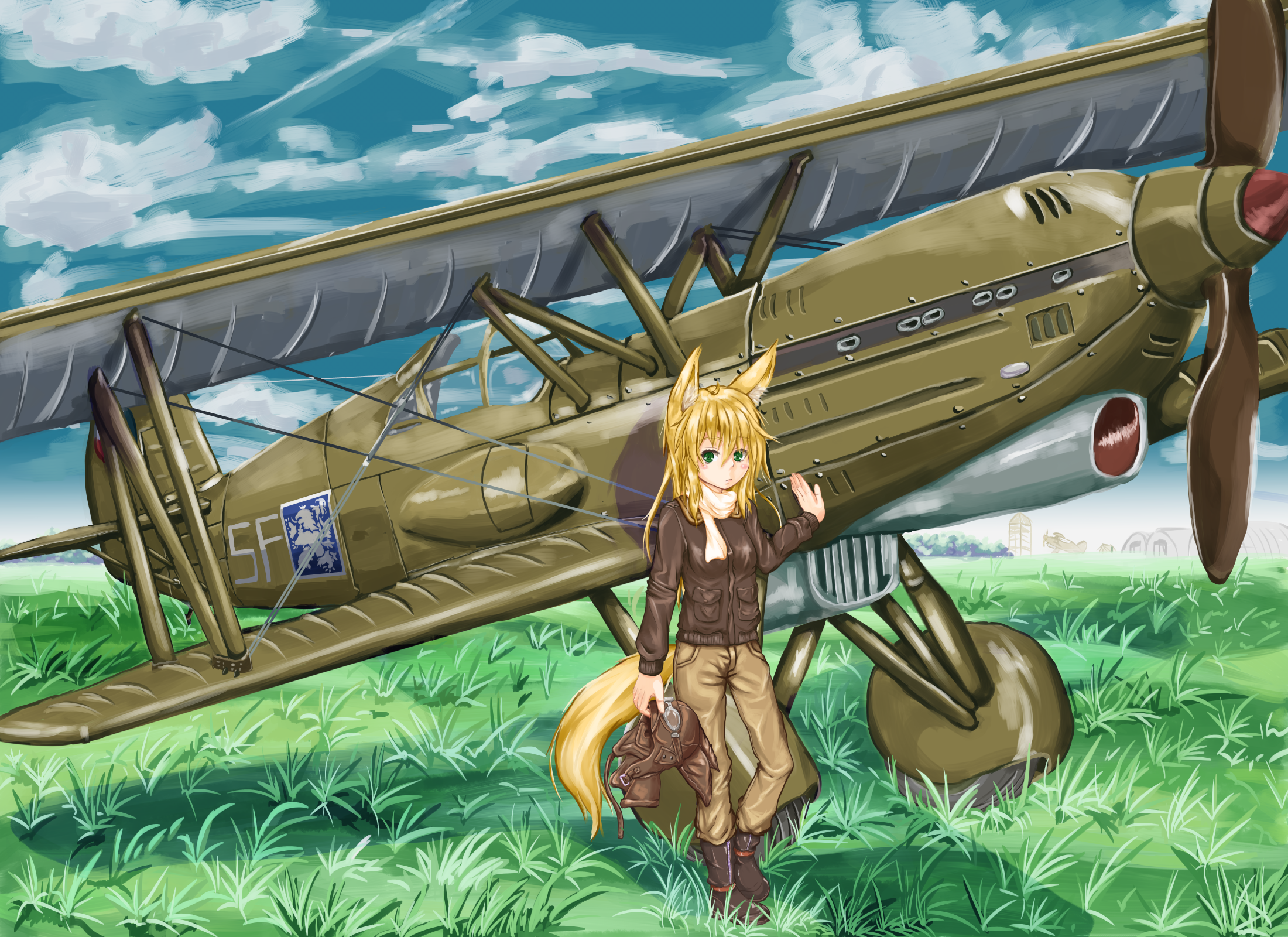 Anime Anime Girls Kitsunemimi Aircraft Blonde Long Hair Animal Ears Grass Sky Clouds Airplane Jacket 2200x1600