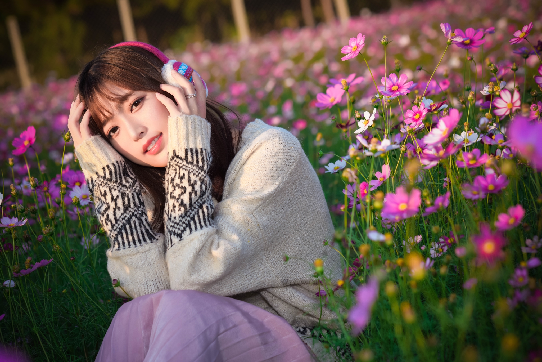 Asian Women Model Smiling Ear Muffs Hands On Head Portrait Outdoors Bokeh Flowers Sweater Skirt Sitt 2048x1367