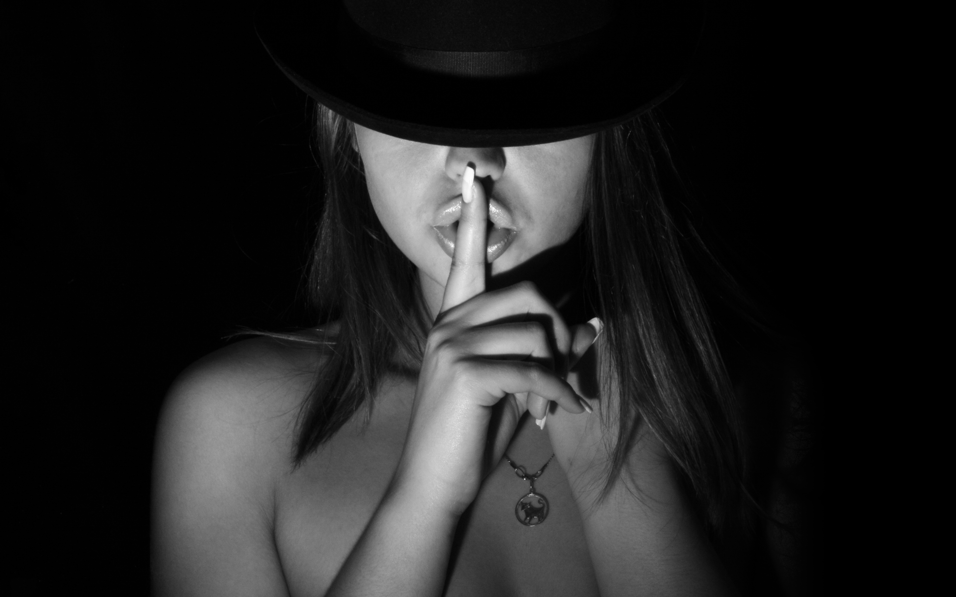 Cowboy Hats Women Monochrome Finger On Lips 3840x2400
