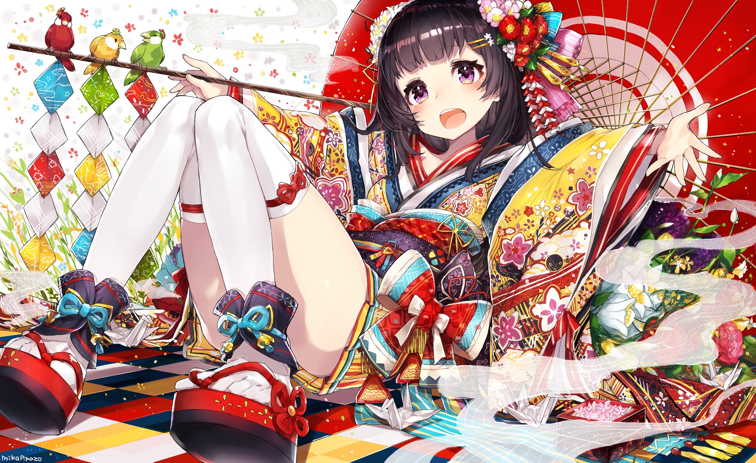 Anime Anime Girls Thigh Highs Kimono Japanese Kimono Open Mouth Pink Eyes Short Hair Dark Hair Smoke 3000x1838