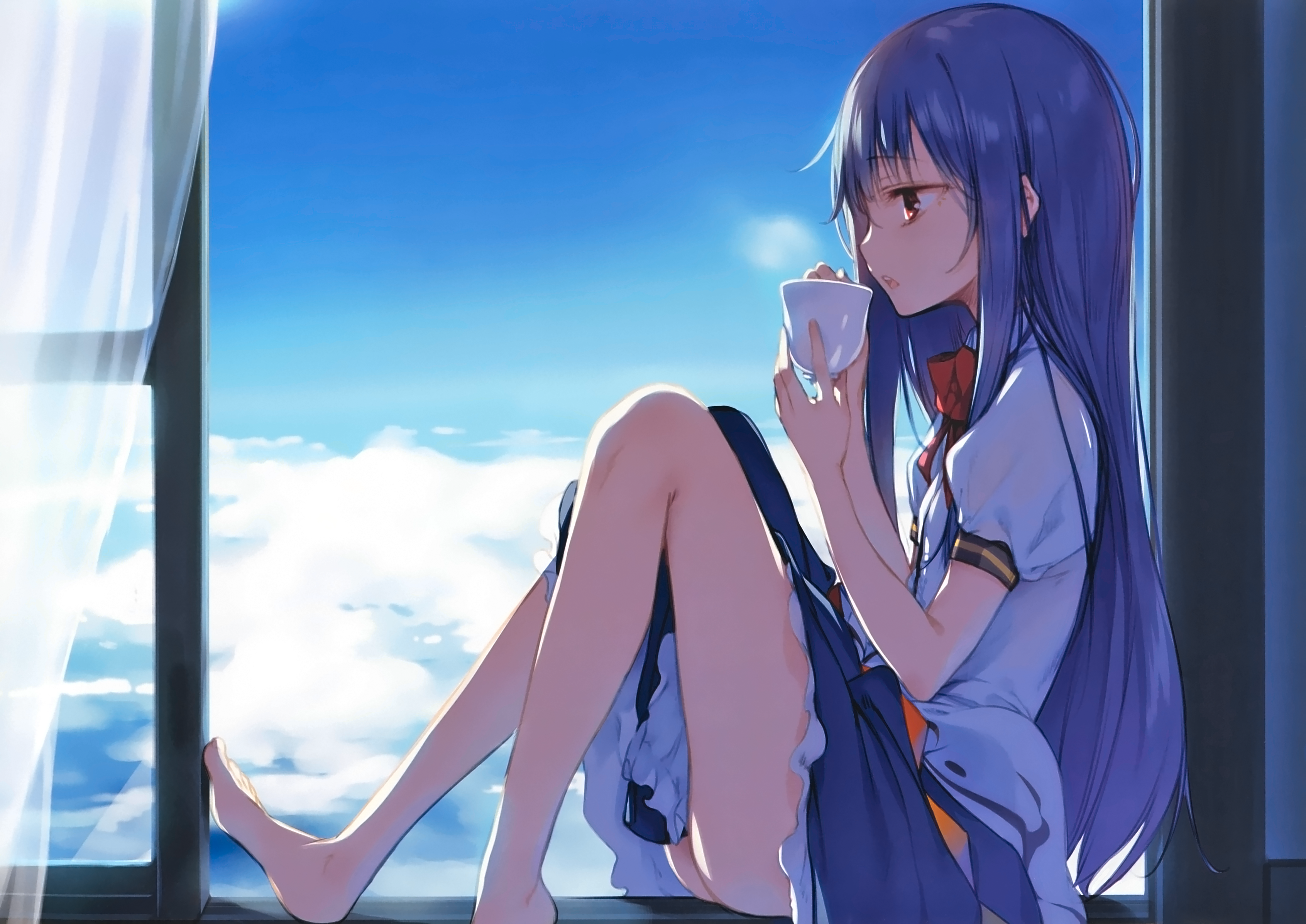 Ke Ta Hinanawi Tenshi Long Hair Feet Clouds Window Sky Curtains Touhou Anime Anime Girls Blue Hair C 3384x2396