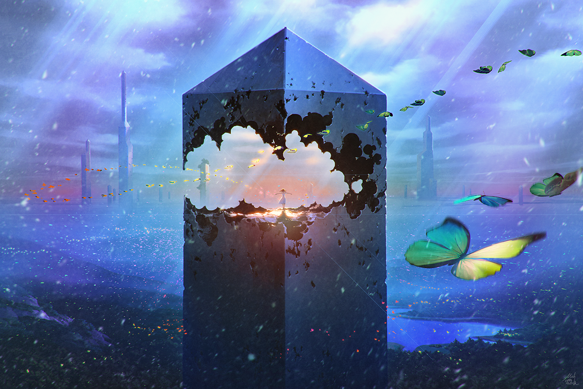 Obelisk Fantasy Art Digital Art Butterfly Sky 1920x1280