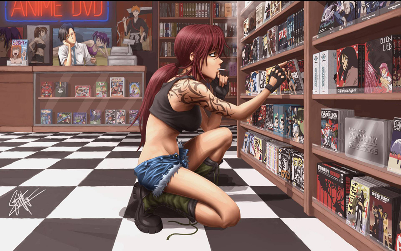 Anime Black Lagoon Revy Anime Girls Shop Tattoo Redhead Cigarettes Smoking 1280x800