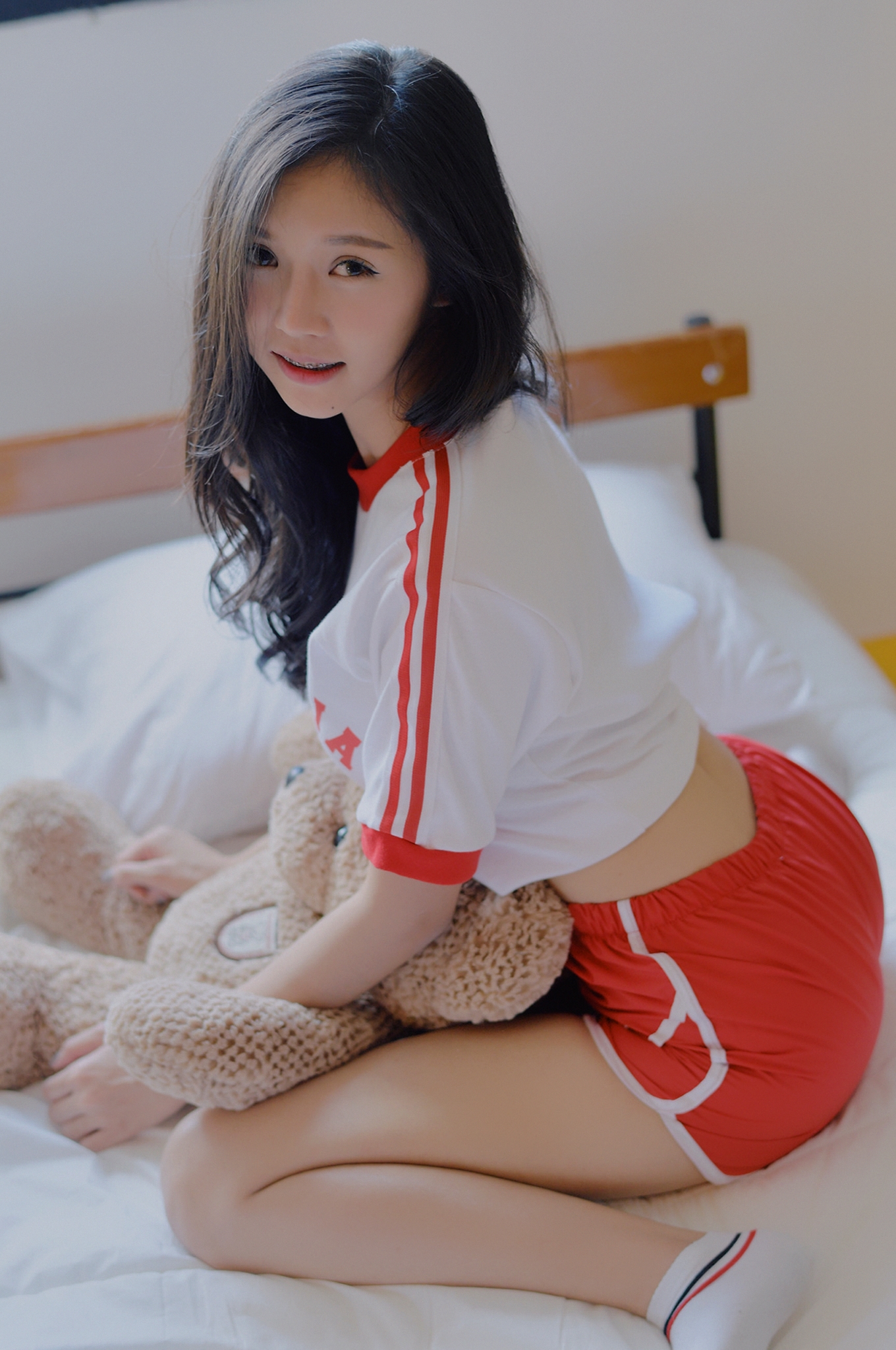 Asian Women Model Brunette Looking At Viewer Smiling Long Hair Braces T Shirt Socks Teddy Bears In B 1360x2048