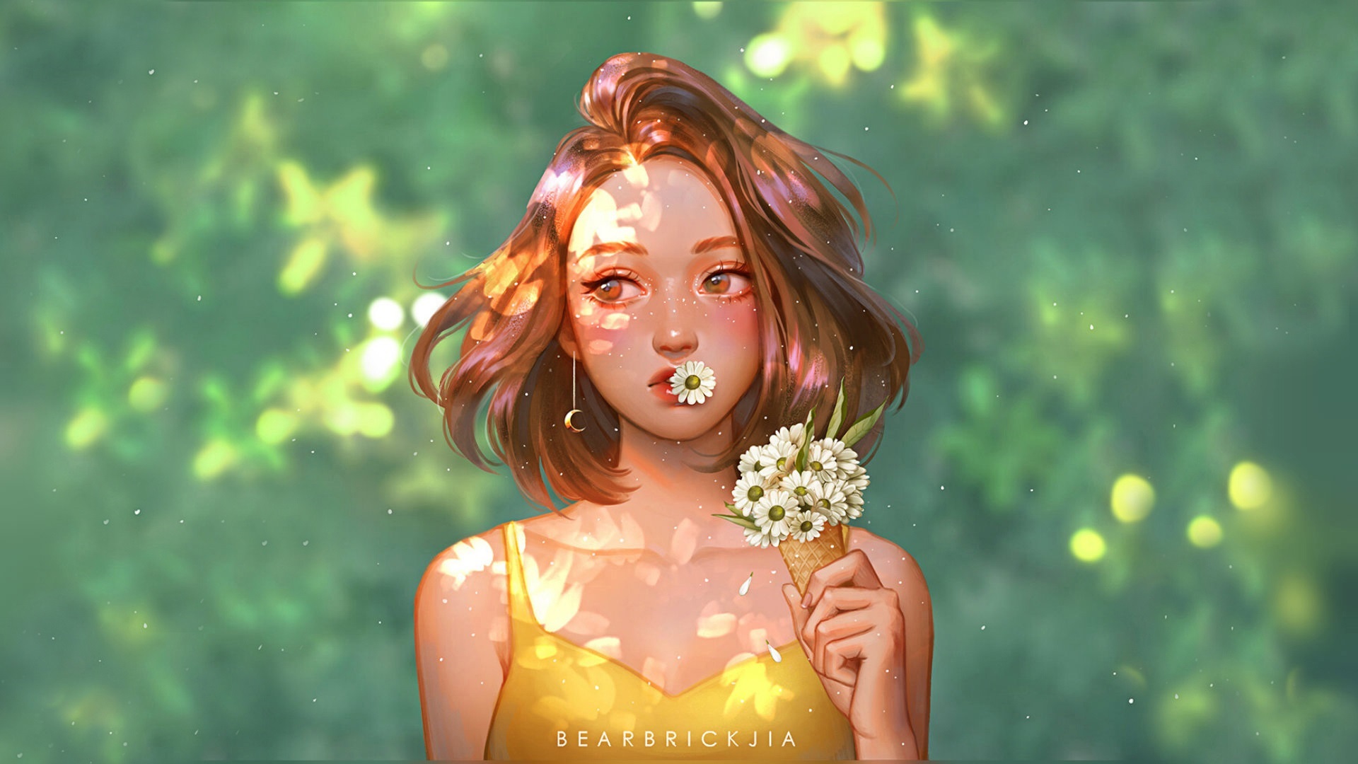 Digital Art Fantasy Girl Flowers Green Karmen Loh Women Illustration Daisies 1920x1080