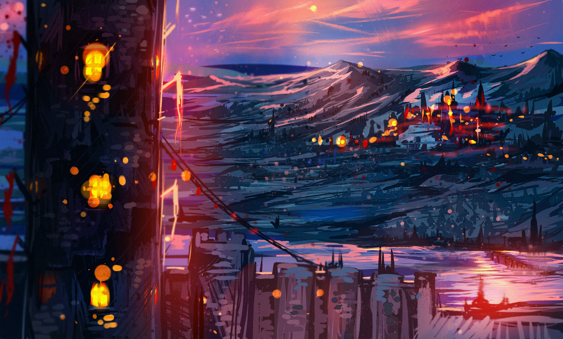 Ryky Painting Digital Art Cityscape Mountains 1792x1080
