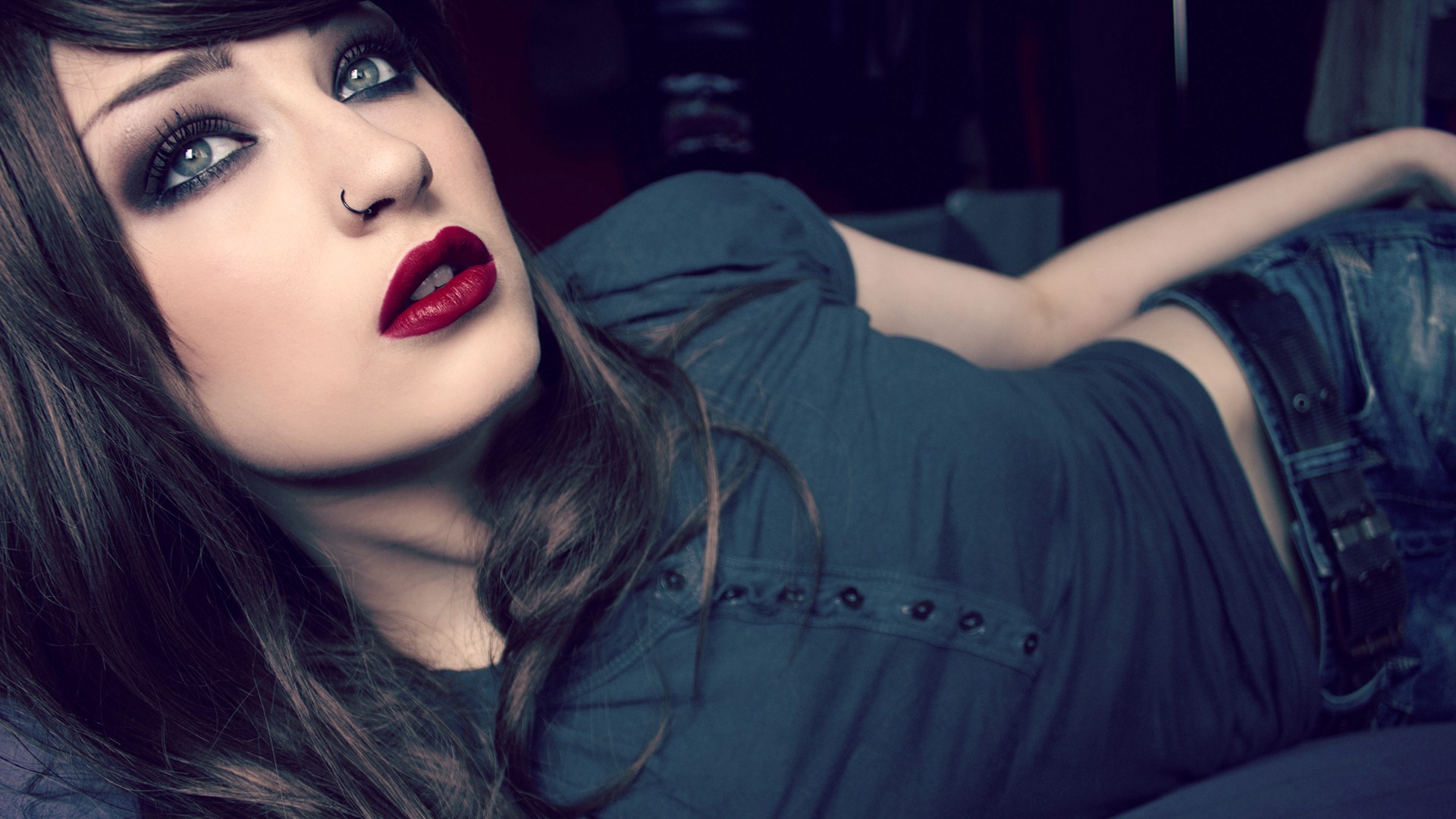 Lying Down Blue Eyes Brunette Red Lipstick Niky Von Macabre Women Makeup Nose Rings Lolina Green 1920x1080