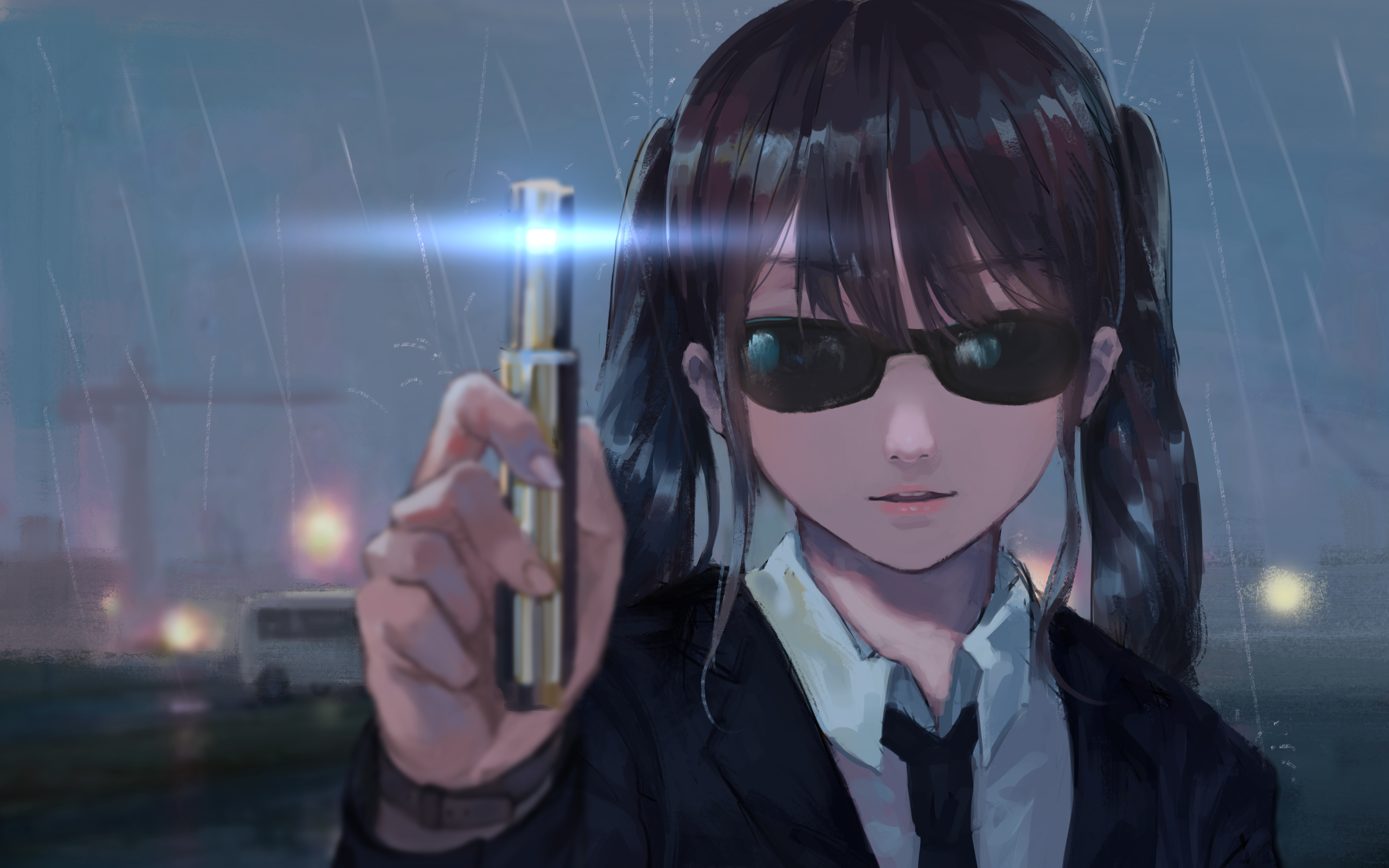 Anime Girls Man In Black Rain Twintails Glasses Men In Black 3508x2192