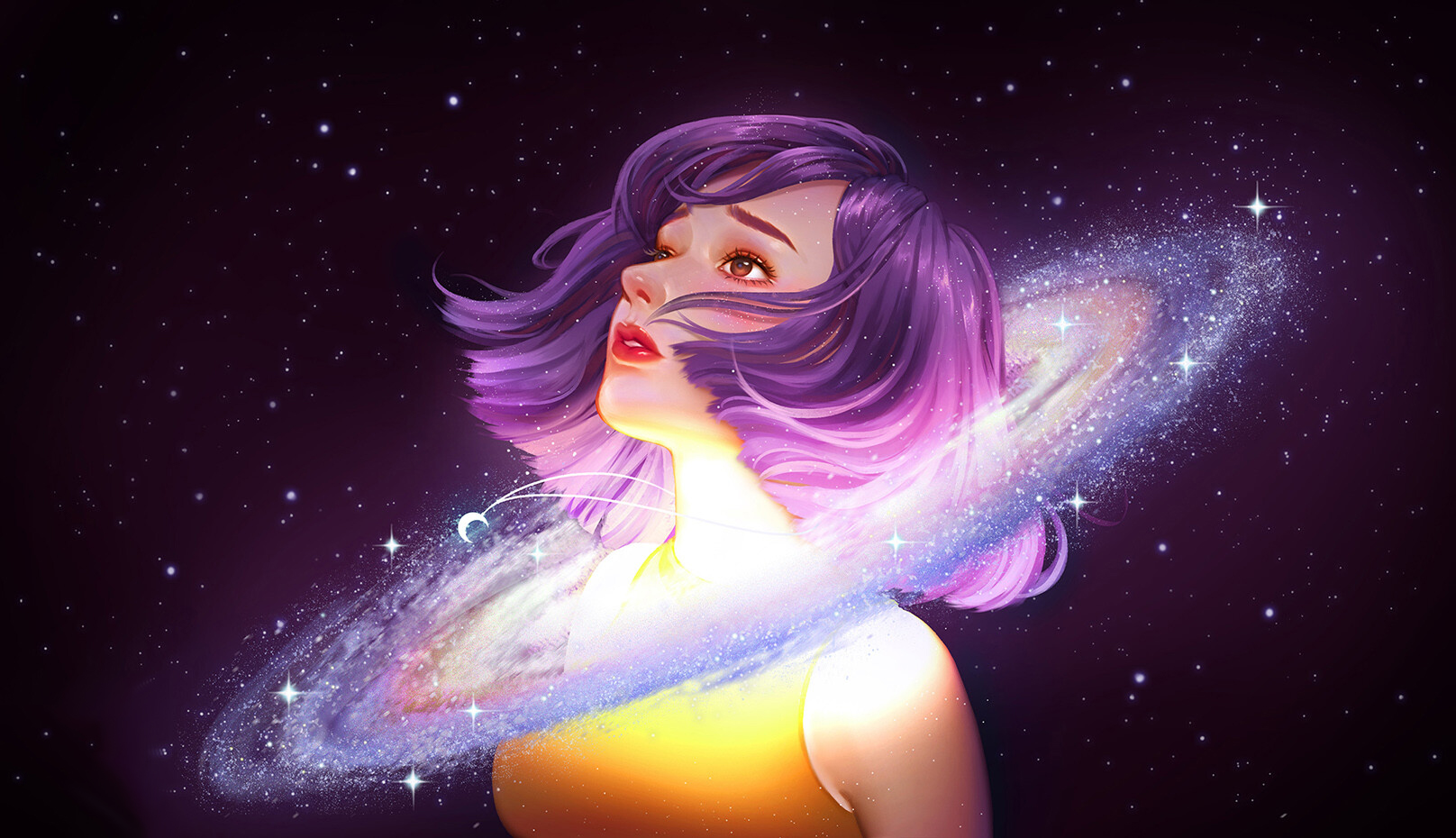 Digital Art Galaxy Nebula Women Purple Background Purple Hair Stars Yellow Shirt 1616x930