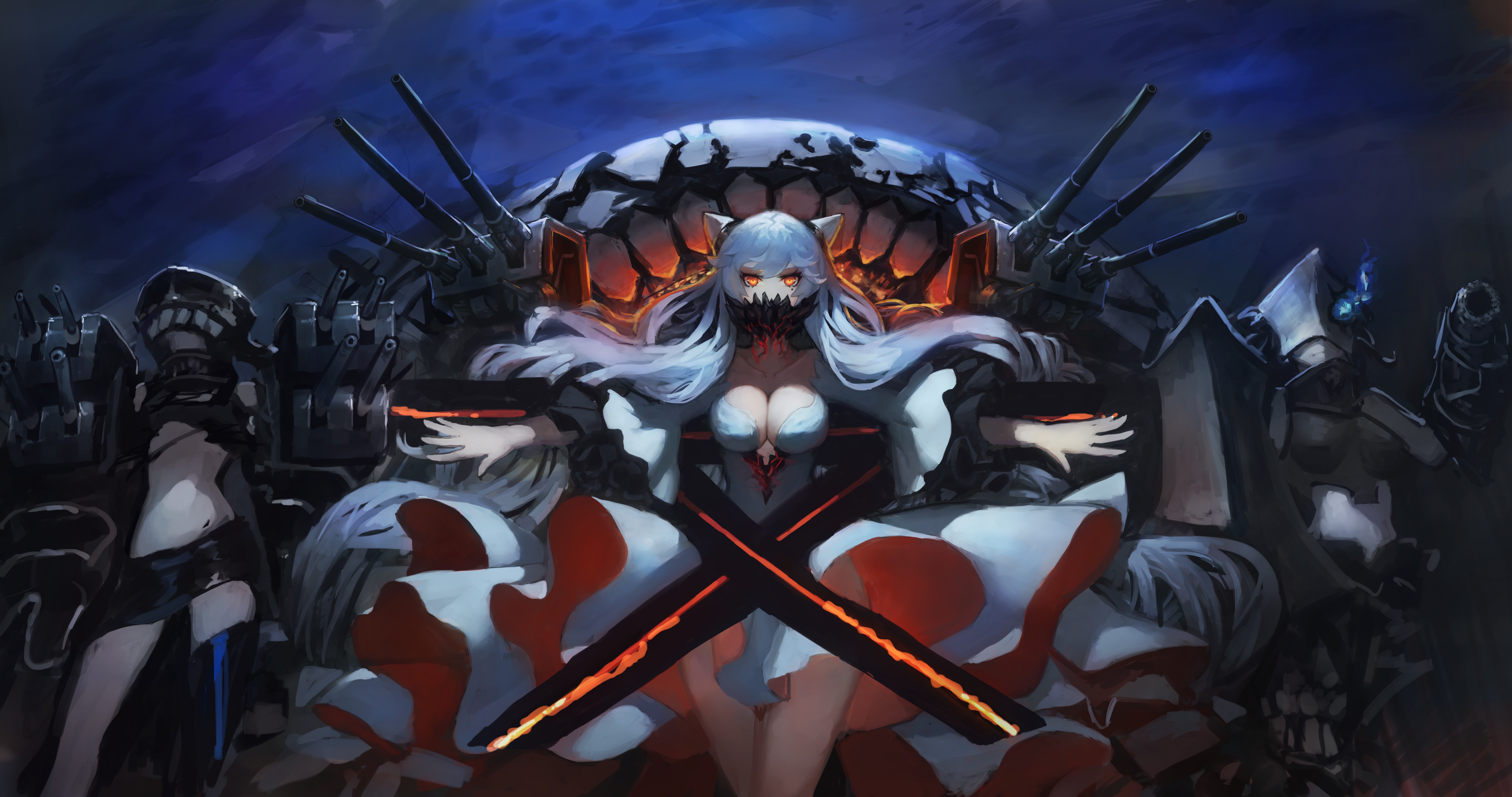 Anime Anime Girls Kantai Collection Midway Hime Dress Horns Thigh Highs White Hair 6431x3390