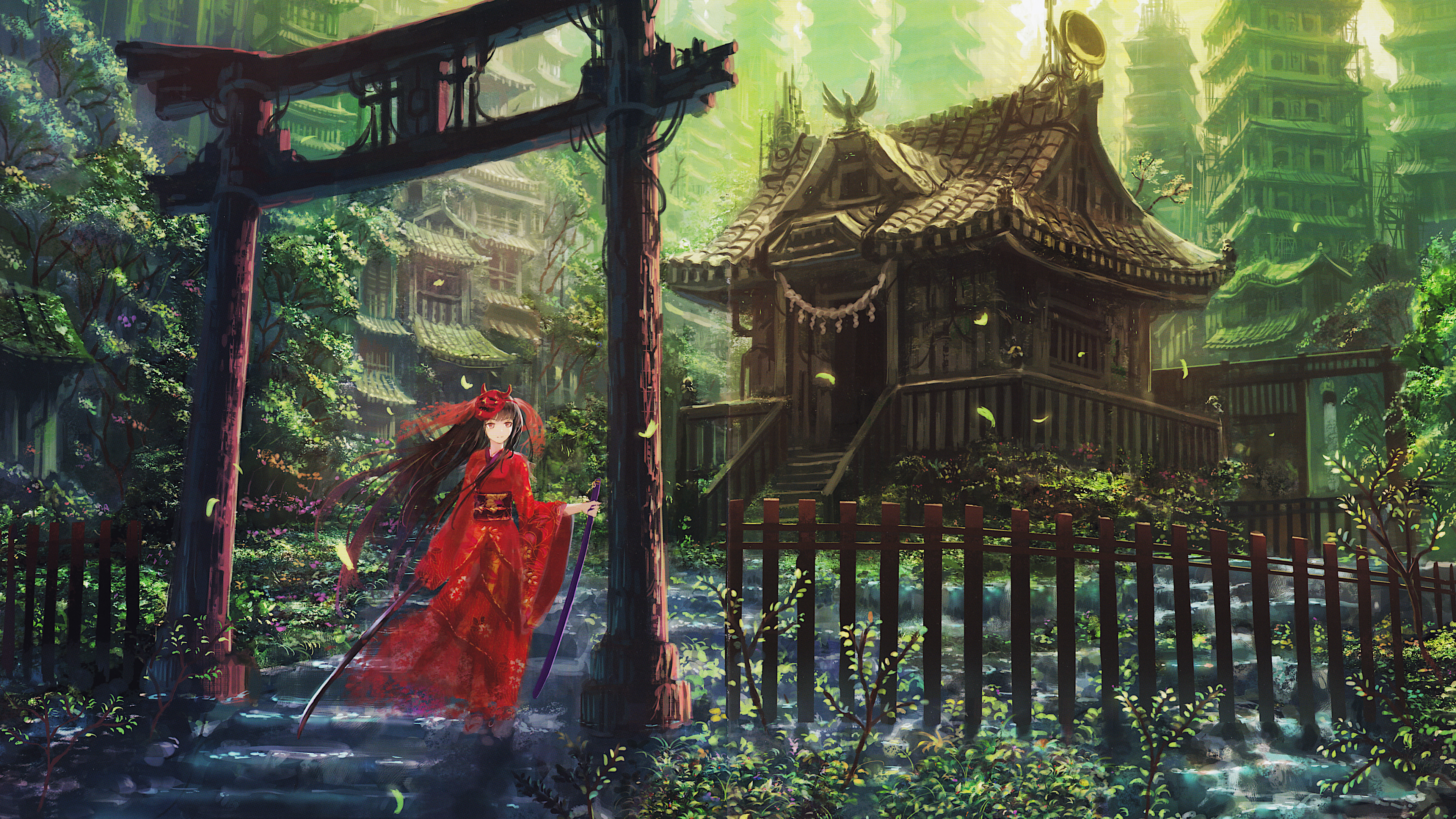 Anime Girls Shrine Maidens Anime Asia Fantasy City Fantasy Art 3840x2160