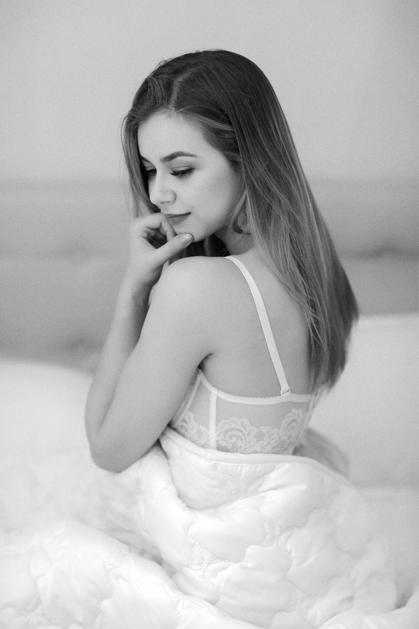 Murat Kuzhakhmetov Monochrome Women Portrait Model In Bedroom Touching Face 1440x2160
