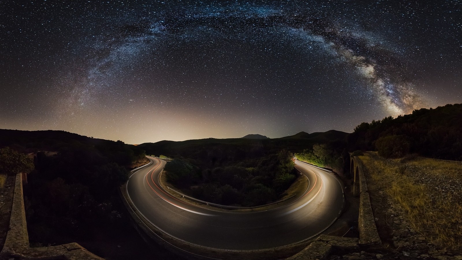 Nature Landscape Starry Night Road Milky Way Hills Galaxy Dry Grass Trees Wall Lights Long Exposure 1600x900